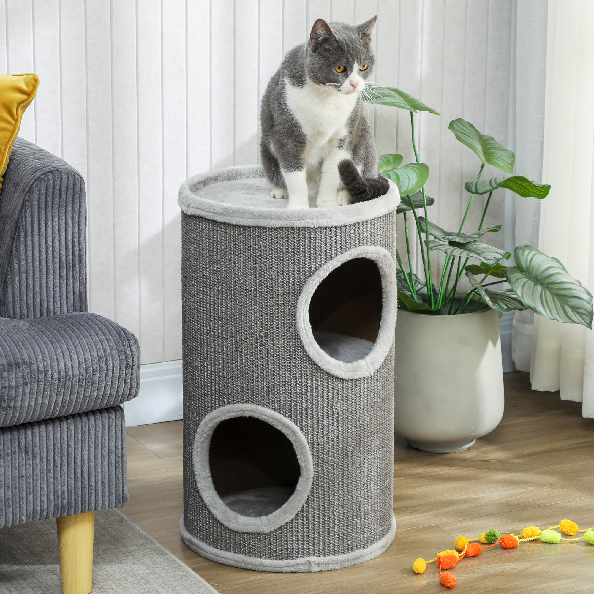 Kratztonne, 60 cm Hoch Ø 35 cm zweistöckige Katzentonne mit 2 Höhle, Plüschrand, für 1-2 Katzen bis 5 kg, Hellgrau