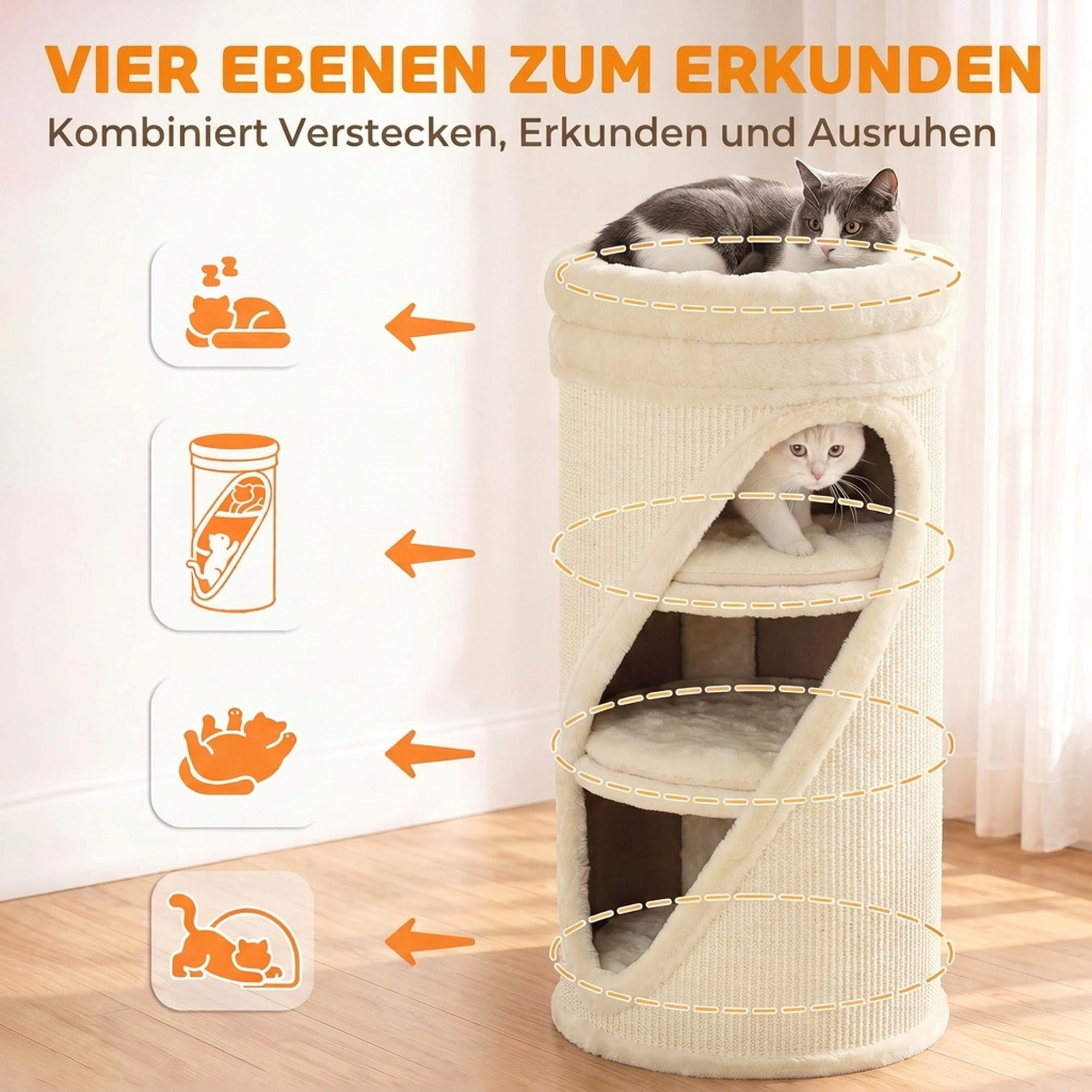 Kratztonne 75 cm Hoch Ø 35 cm 4-Stufige Katzentonne mit 3 Höhlen, abnehmbarem waschbarem Plüschbett Sisal-Kratzfläche