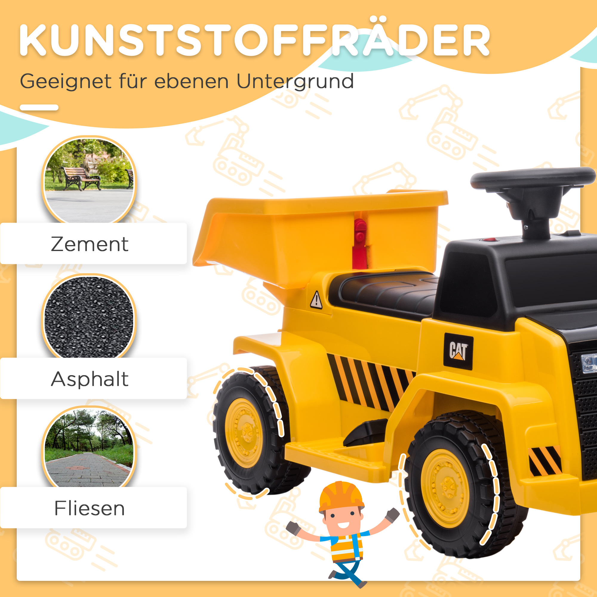Elektro-Kipplaster für Kinder, kippbare Ladefläche, max. 3 km/h, Scheinwerfer, Hupe, gelb, 74,5 x 36 x 43,5 cm