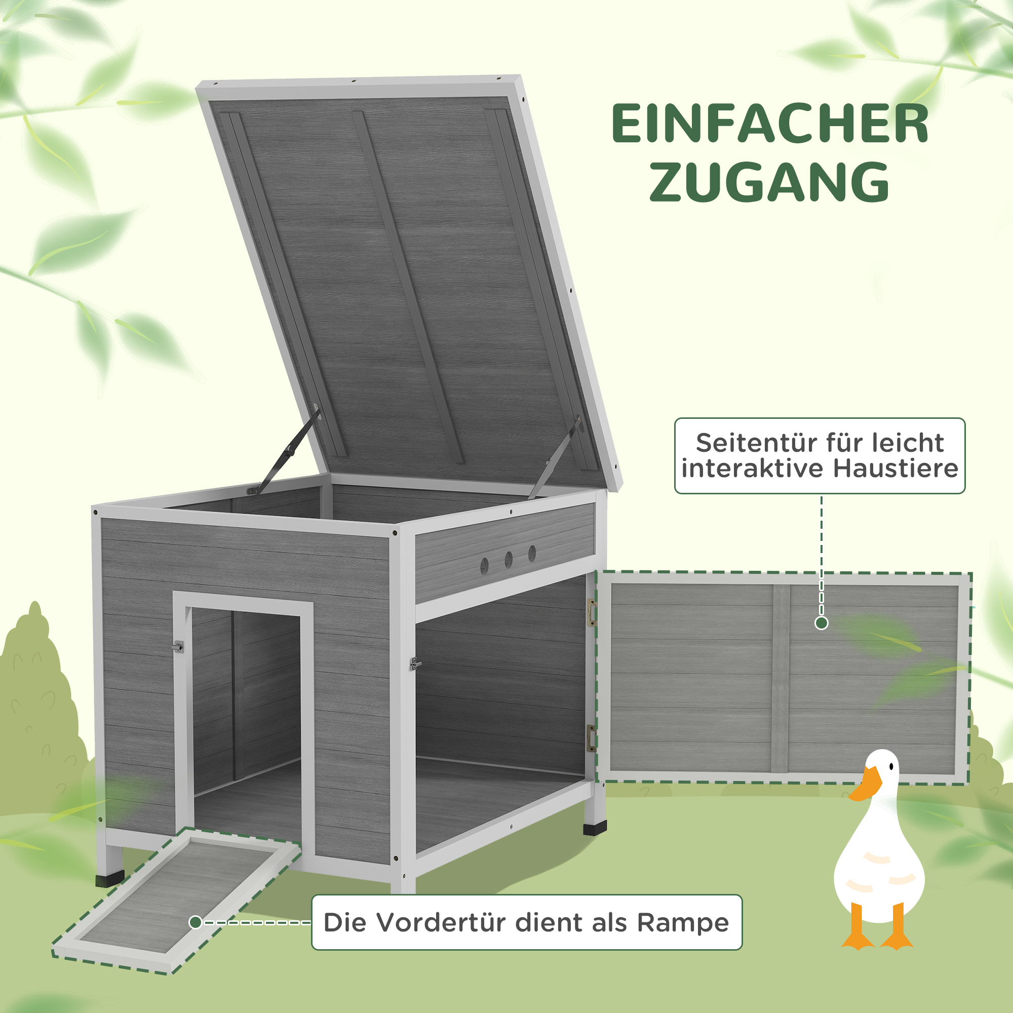 Entenstall Entenhaus aus Holz mit Asphaltdach, herausnehmbarem Boden, Seitentür, Geflügelstall mit Belüftungslöchern, wetterfest Gänsestall Hühnerhaus Hellgrau 63 x 82 x 76 cm