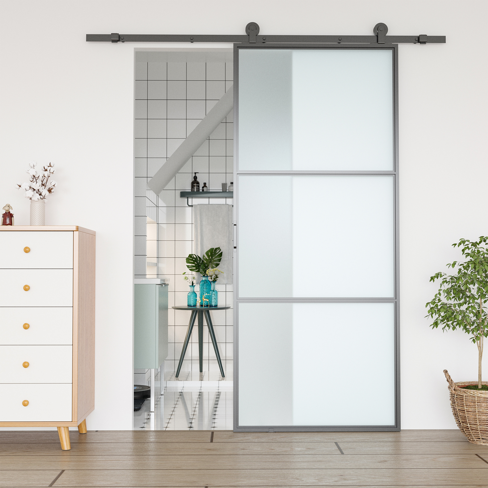 Schiebetür-Kit, Kohlenstoffstahl, Installations-Set ohne Tür, platzsparend, Schwarz