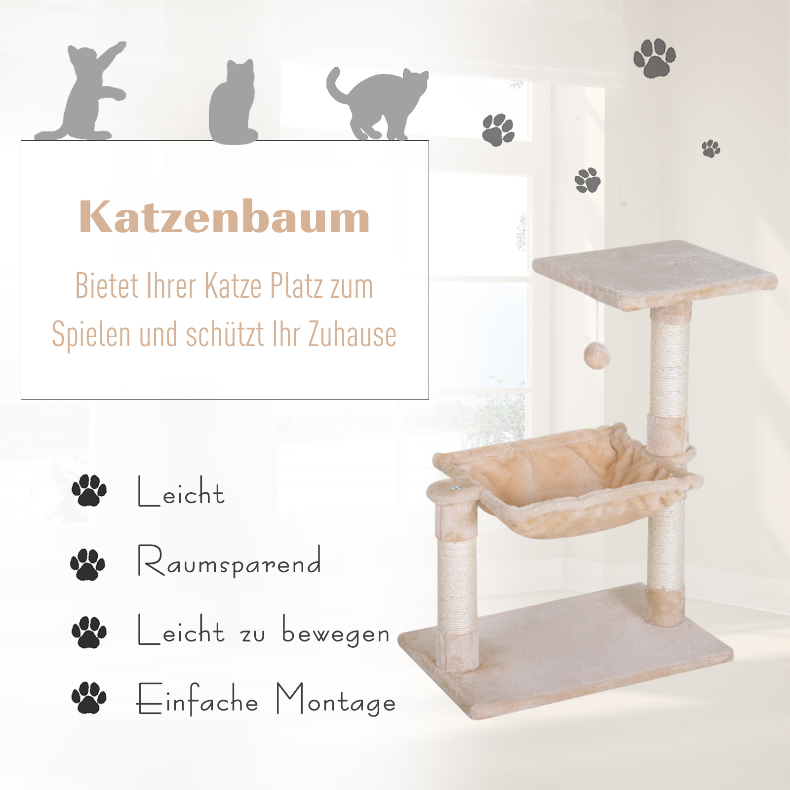 Kletterbaum Katzenbaum Kratzbaum mit Sisalsäule Plüsch-Hängematte Spanplatte Beige 50 x 36 x 70 cm