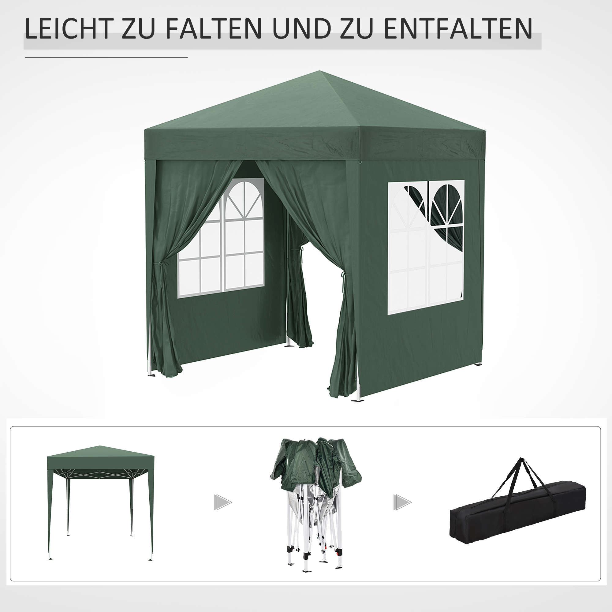 Faltpavillon, Bierzelt, 4 abnehmbare Seitenwände, 2 Fenster, Metallrahmen, 2 x 2m, Dunkelgrün