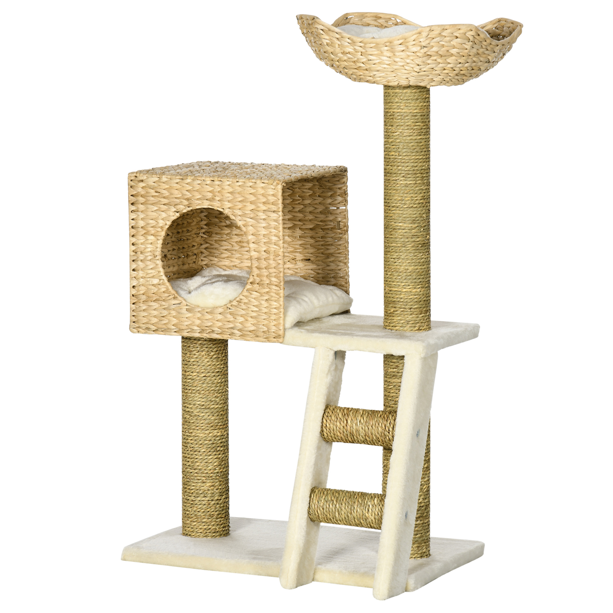 Kratzbaum mit Katzenhaus, Sisal-Kratzsäulen, waschbare Kissen, 100,5H x 57L x 37B cm, Weiß/Natur