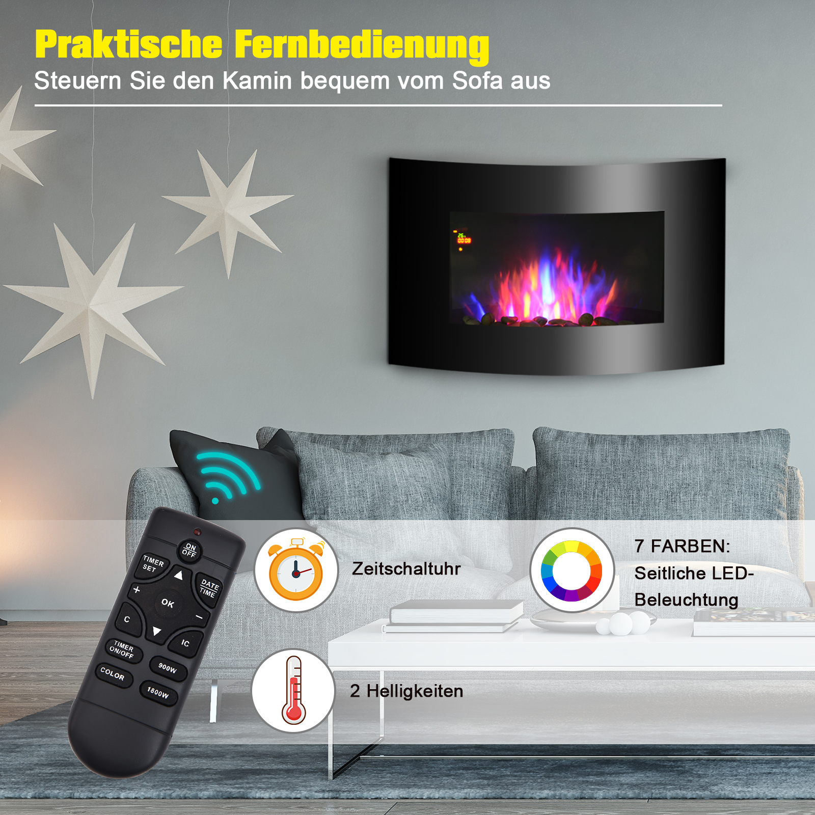 Elektrokamin mit Heizung, elektrischer Kamin mit 3D Flammeneffekt, 7 Flammenfarben, 900/1800 W, Wandkamin mit Timer, Dekokamin mit Fernbedienung, Schwarz, 65 cm