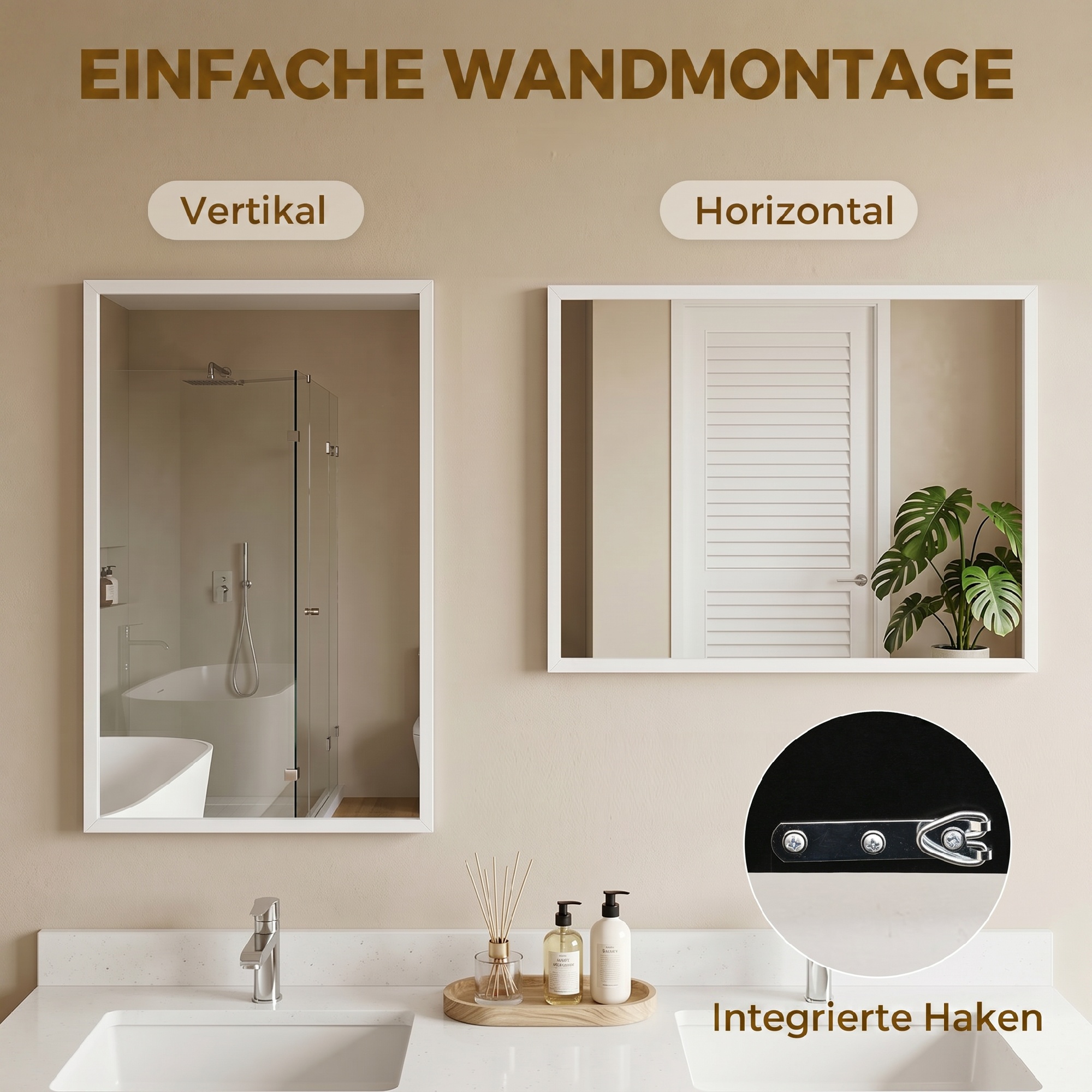 Wandspiegel, 50 x 70 cm, Rahmen in Holzoptik, einfache Montage, inkl. Schrauben