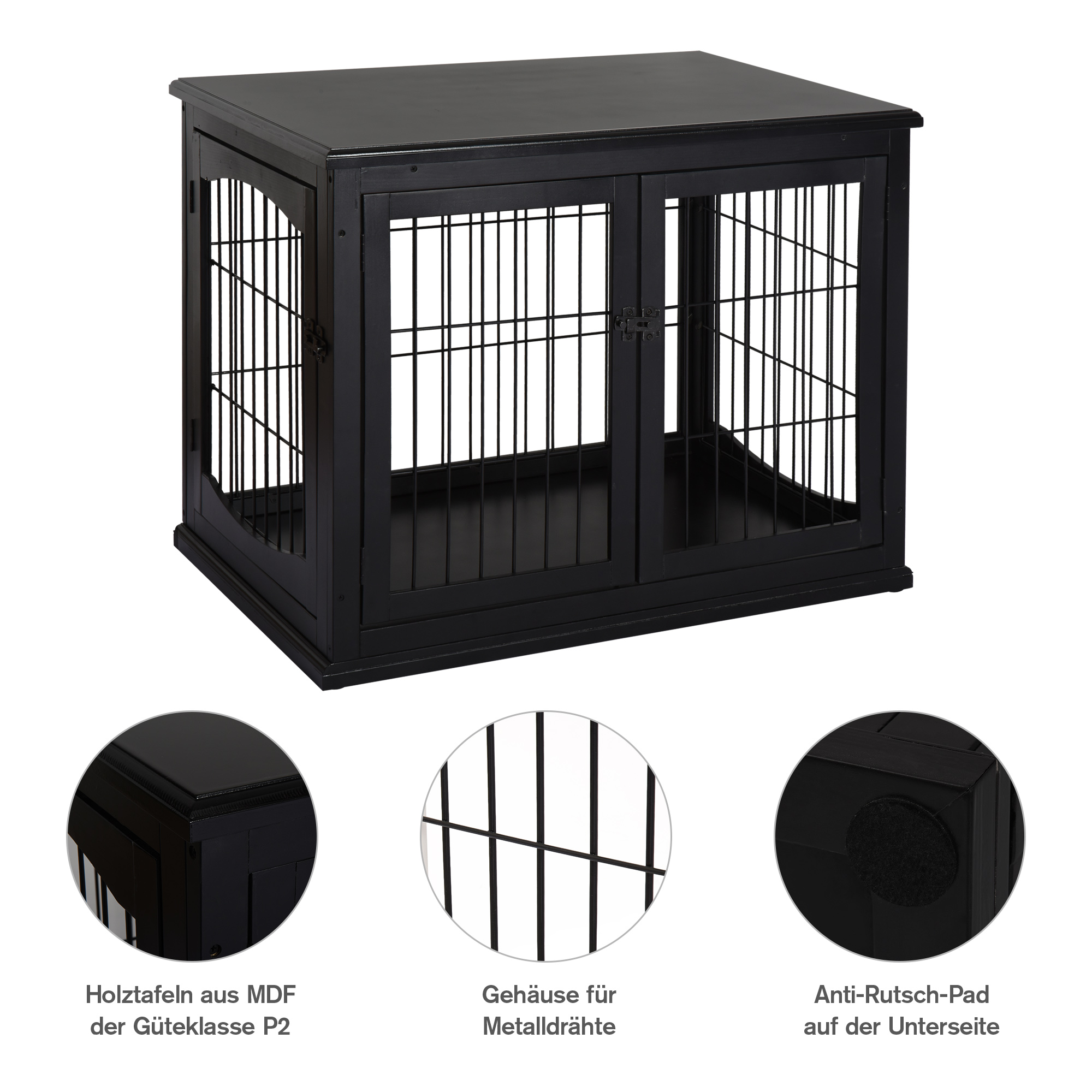 Transportbox für Hunde 58,5 cm x 81 cm x 66 cm Türen, MDF-Holz Eisen, 58, 5 cm x 81 cm x 66 cm, Schwarz