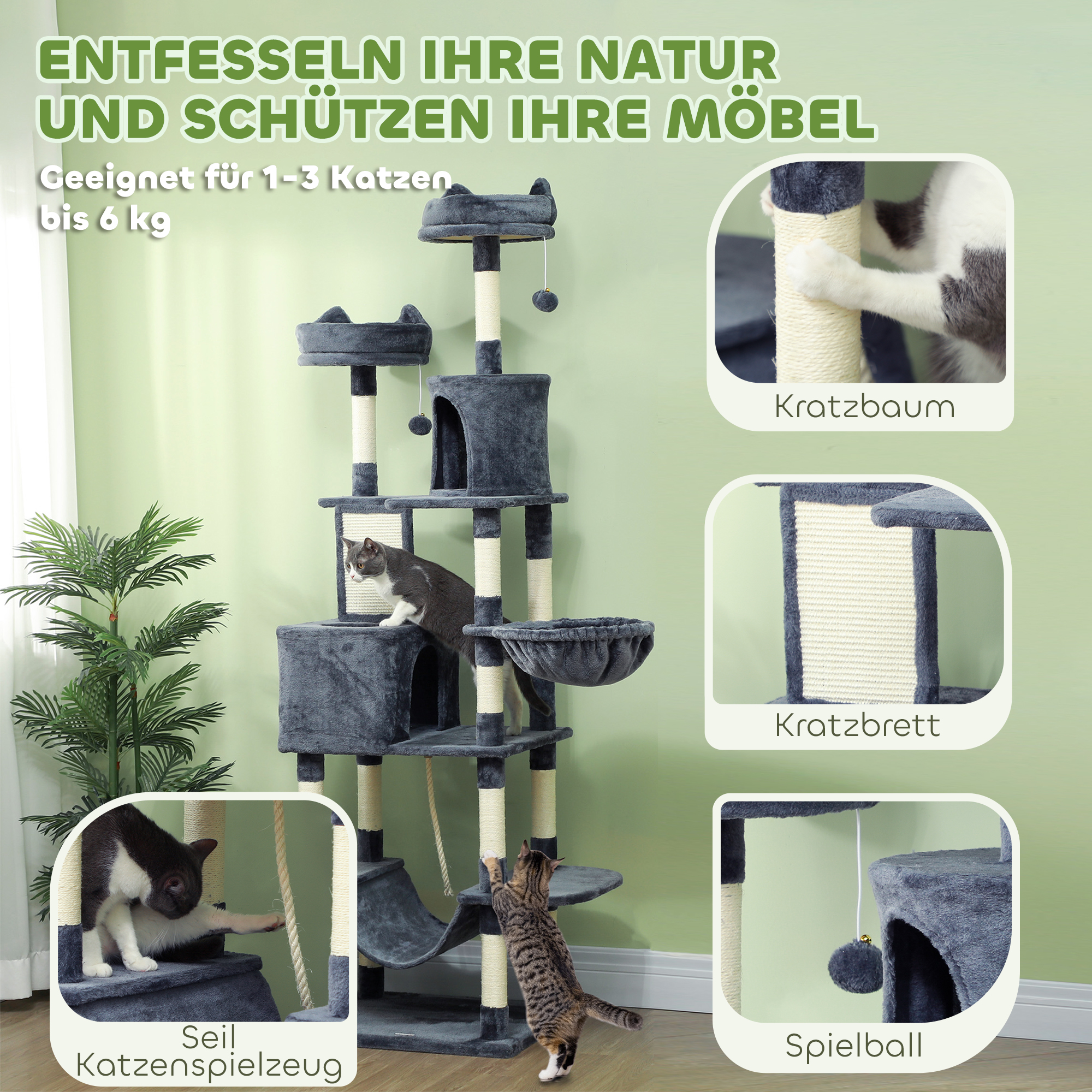 Kratzbaum 206 cm Katzenturm mit Höhle, 2 Spielballen, Sisalstämme, Plattform für große Katzen, Dunkelgrau
