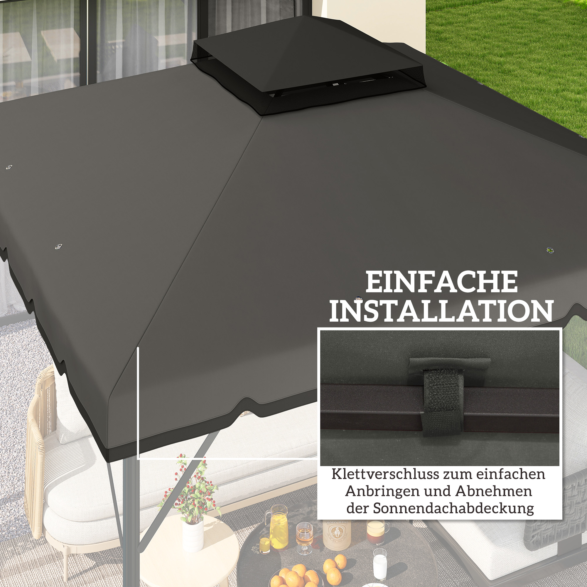 Ersatzdach für Pavillon 3x3m Wasserabweisend Pavillondach mit Doppeldach Wasserablauflöchern Hellgrau