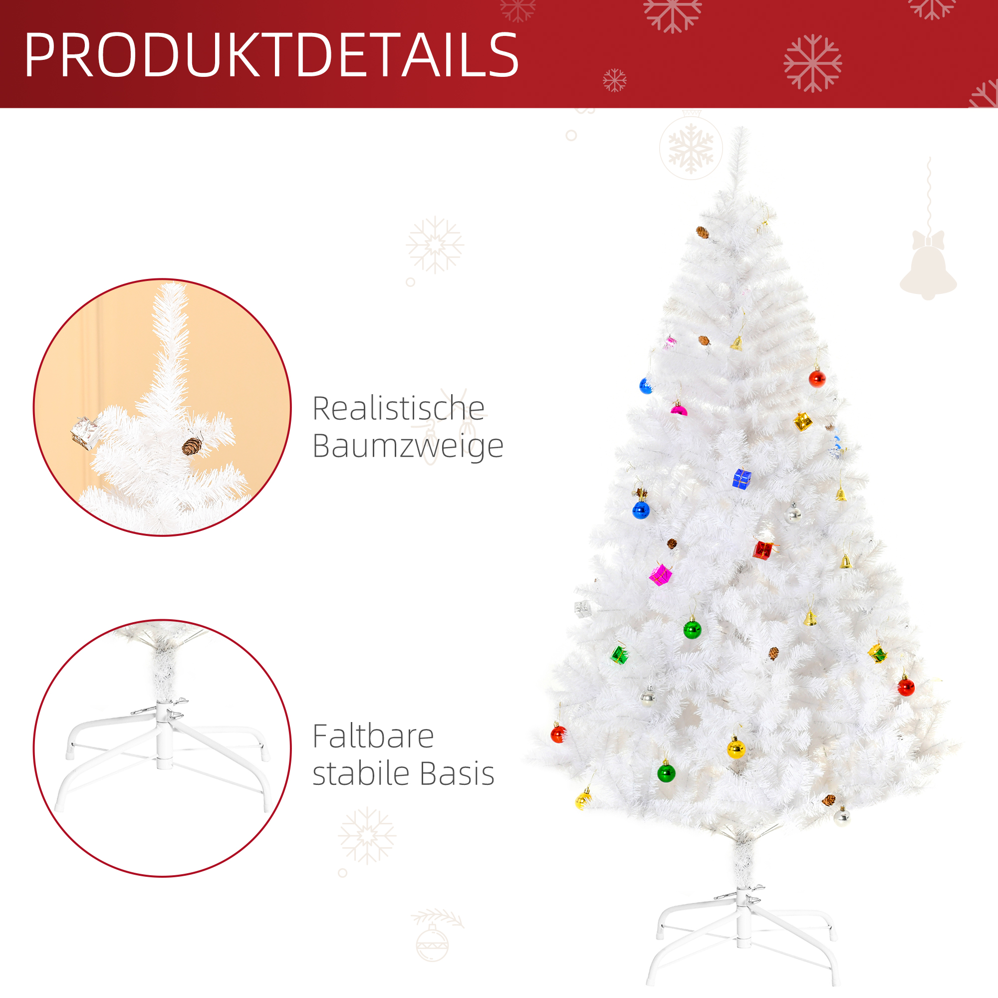 Künstlicher Weihnachtsbaum 180 cm künstlich Tannenbaum mit Kugeln, Glocken, Trommeln, Geschenkboxen, Christbaum mit 930 Spitzen, 12 Tannenzapfen Weihnachtsdeko inkl, Metallständer für drinnen