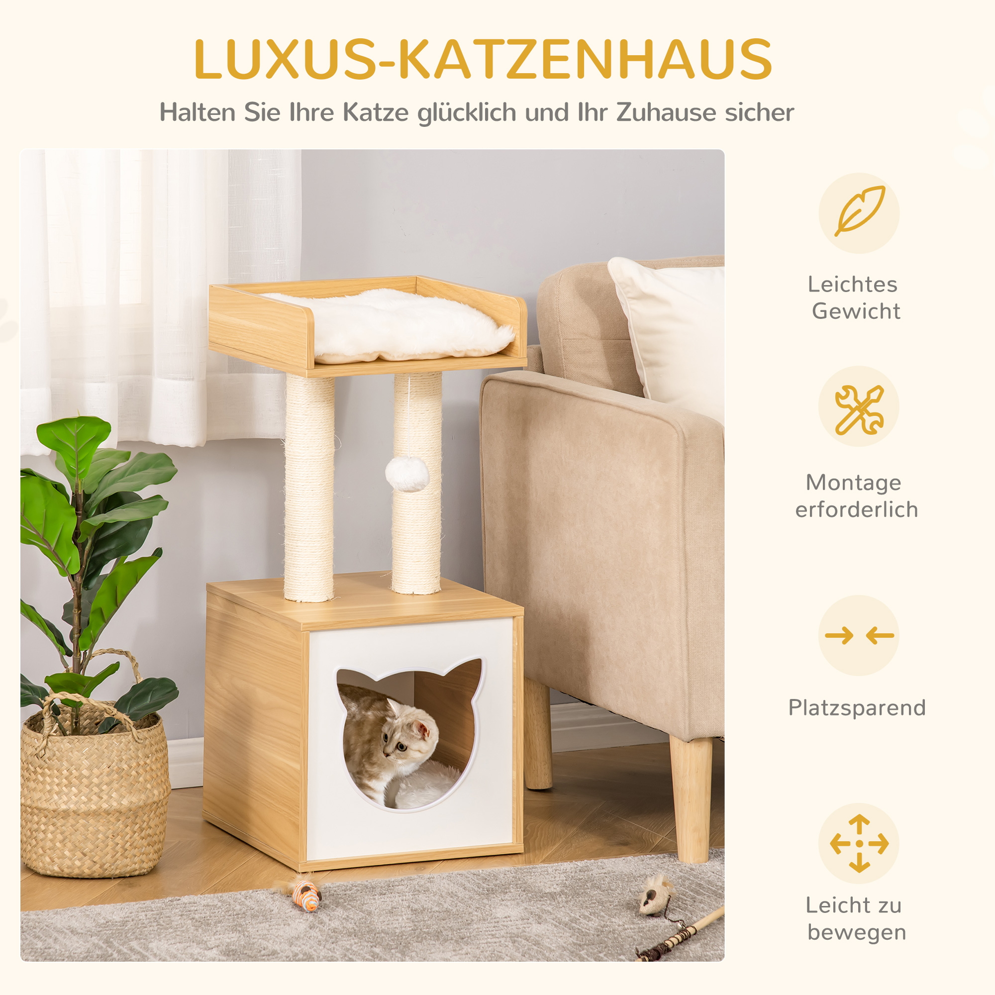 Katzenhöhle Katzenbett mit waschbarem Kissen, Plattform, Kratzsäule, Spielball, Katzenhaus für Katzen für Indoor 35 x 35 x 81 cm Eiche