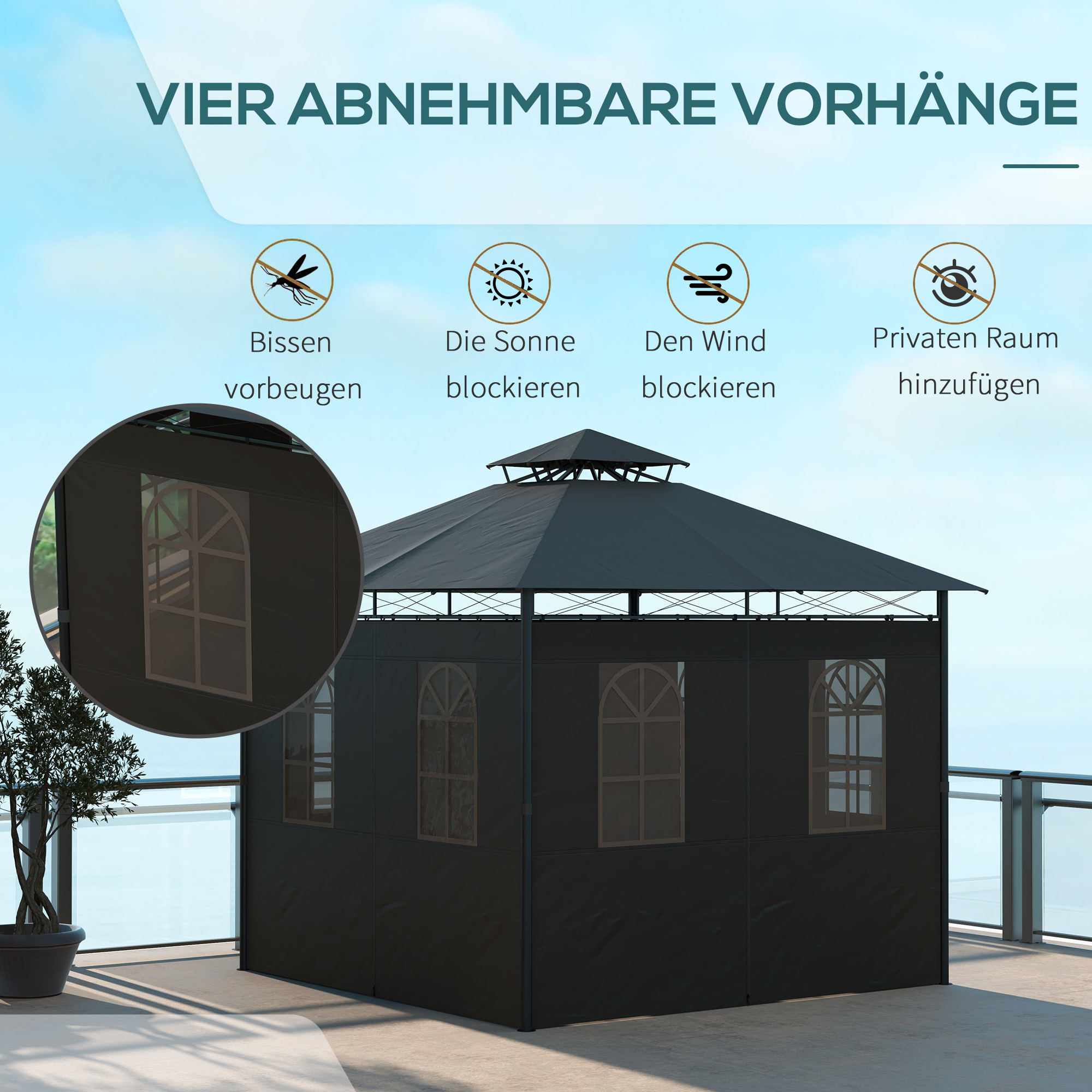 Pavillon Partyzelt Gartenpavillon, 3 x 3 x 2, 88 m, Dunkelgrau