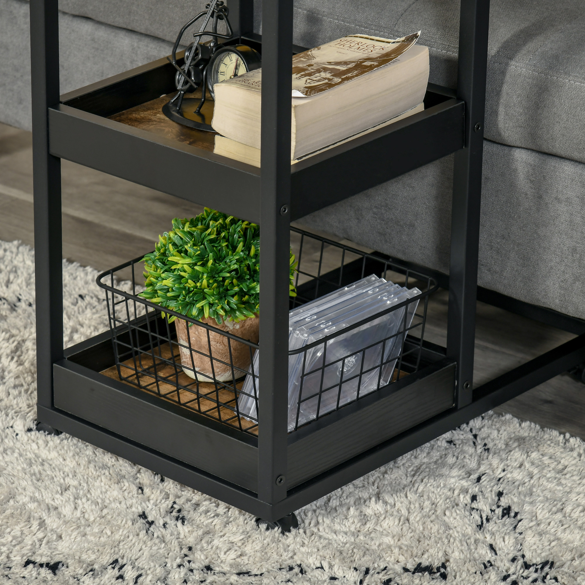 Beistelltisch mit Rädern für Sofa oder Bett, Industriestil, Stahl und Holz, Braun und Schwarz
