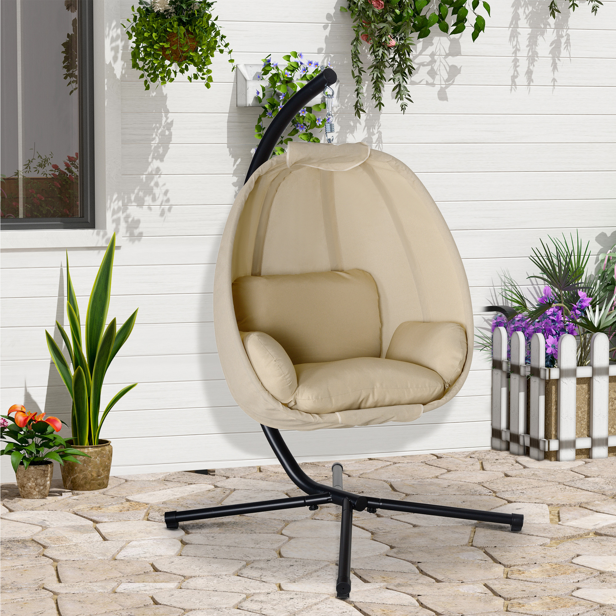Hängesessel, Eiförmiger Schaukelsitz mit weichem Kissen, für drinnen und draußen geeignet, 125L x 95B x 170H cm, Khaki