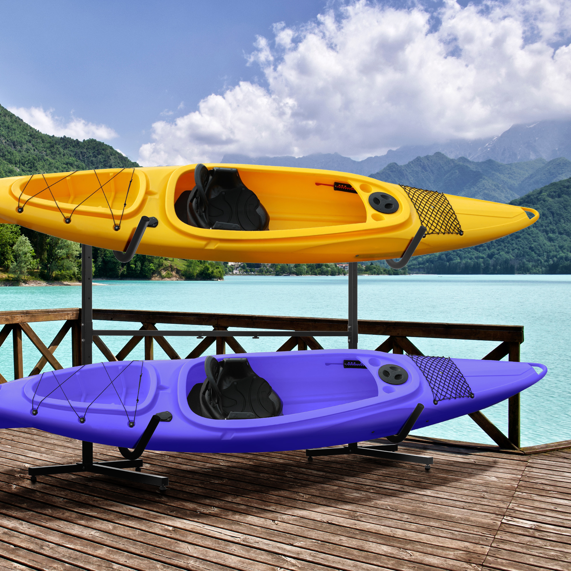 Halterung für 2 Kajaks, Surfboards, Stand-Up-Paddles, Metallrahmen, breitenverstellbar 144-180 cm