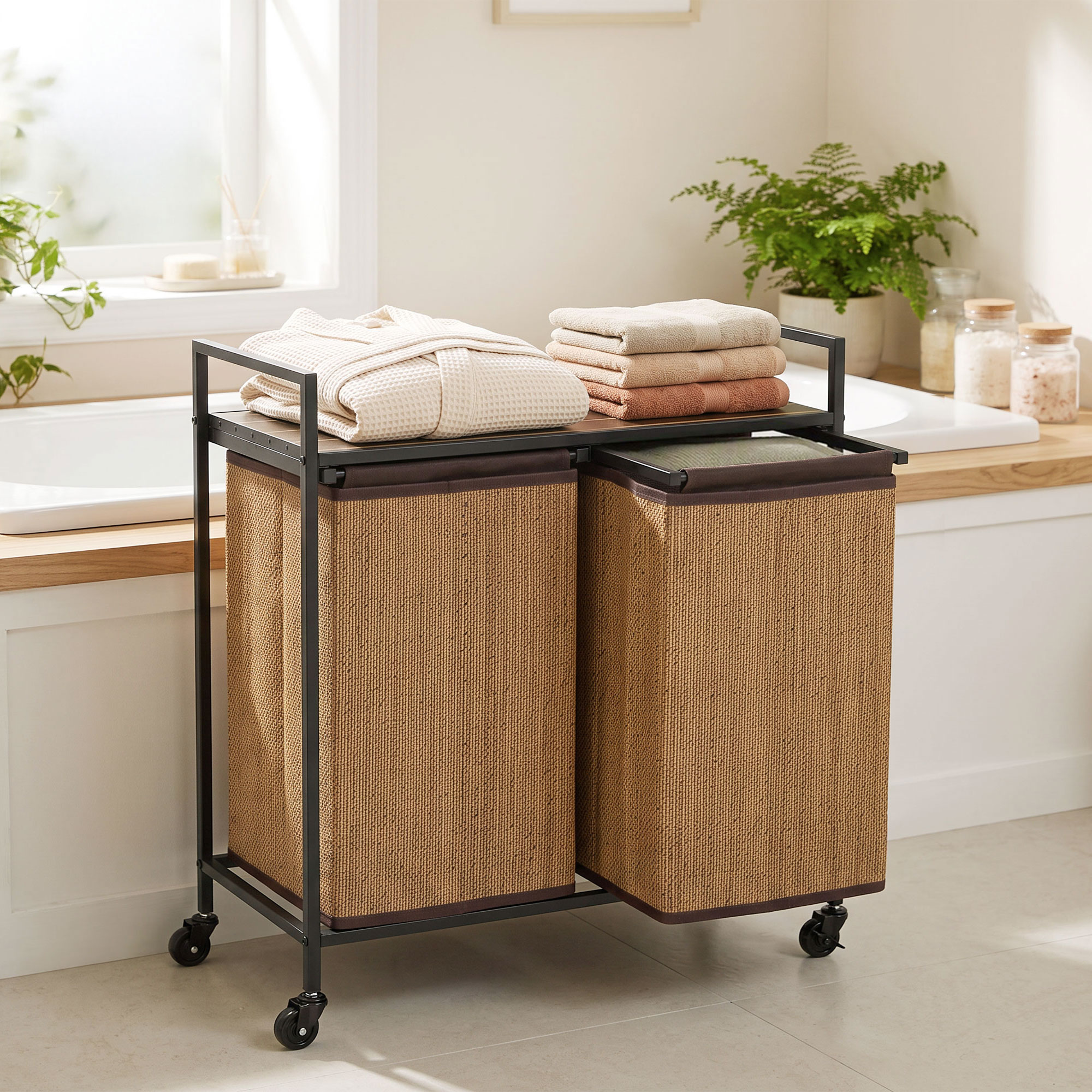 Wäschekorb Bambus 2 Fächer 120 L Wäschesammler mit Regal Ablage, Wäschebox Wäschesack, Rollbar 73x33x78 cm, Braun