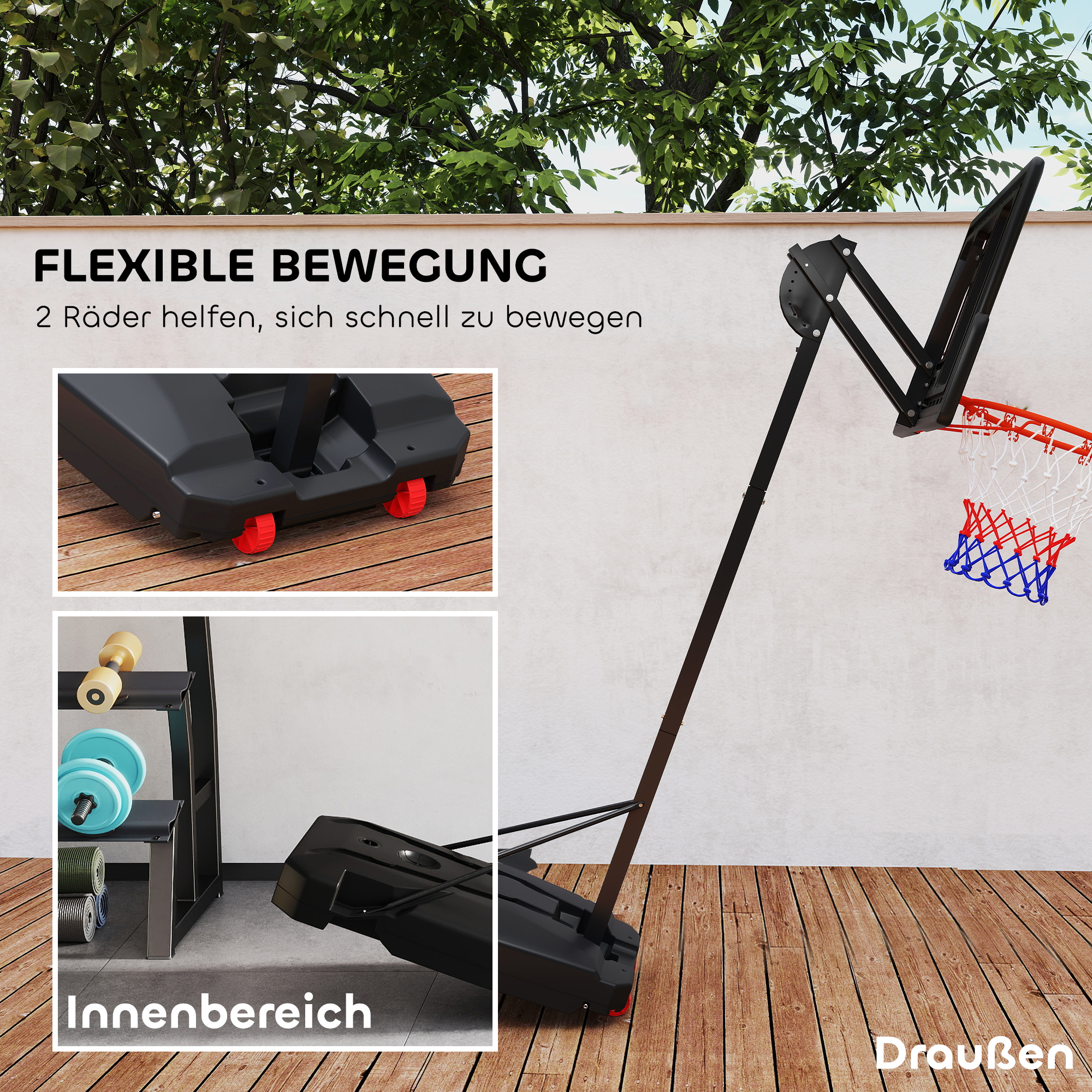 Basketballkorb, Outdoor-Basketballkorb für Jugendliche 200-260 cm höhenverstellbar, mit Rädern, Rot