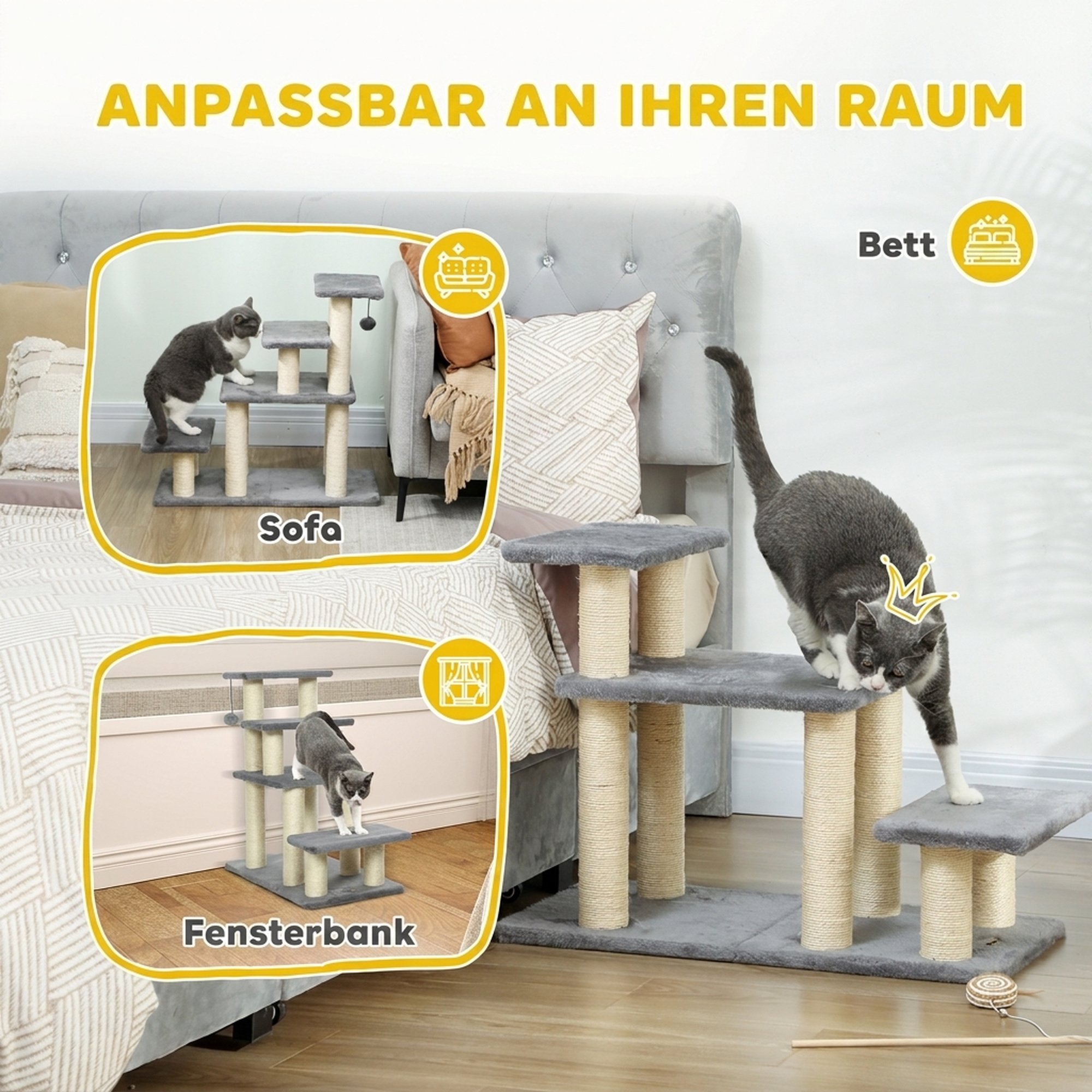 Hundetreppe 4 Stufen 68 cm Hoch verstellbar Haustiertreppe für Kleine Hunde Katzentreppe Sisal Kratzbäumen, Spielball