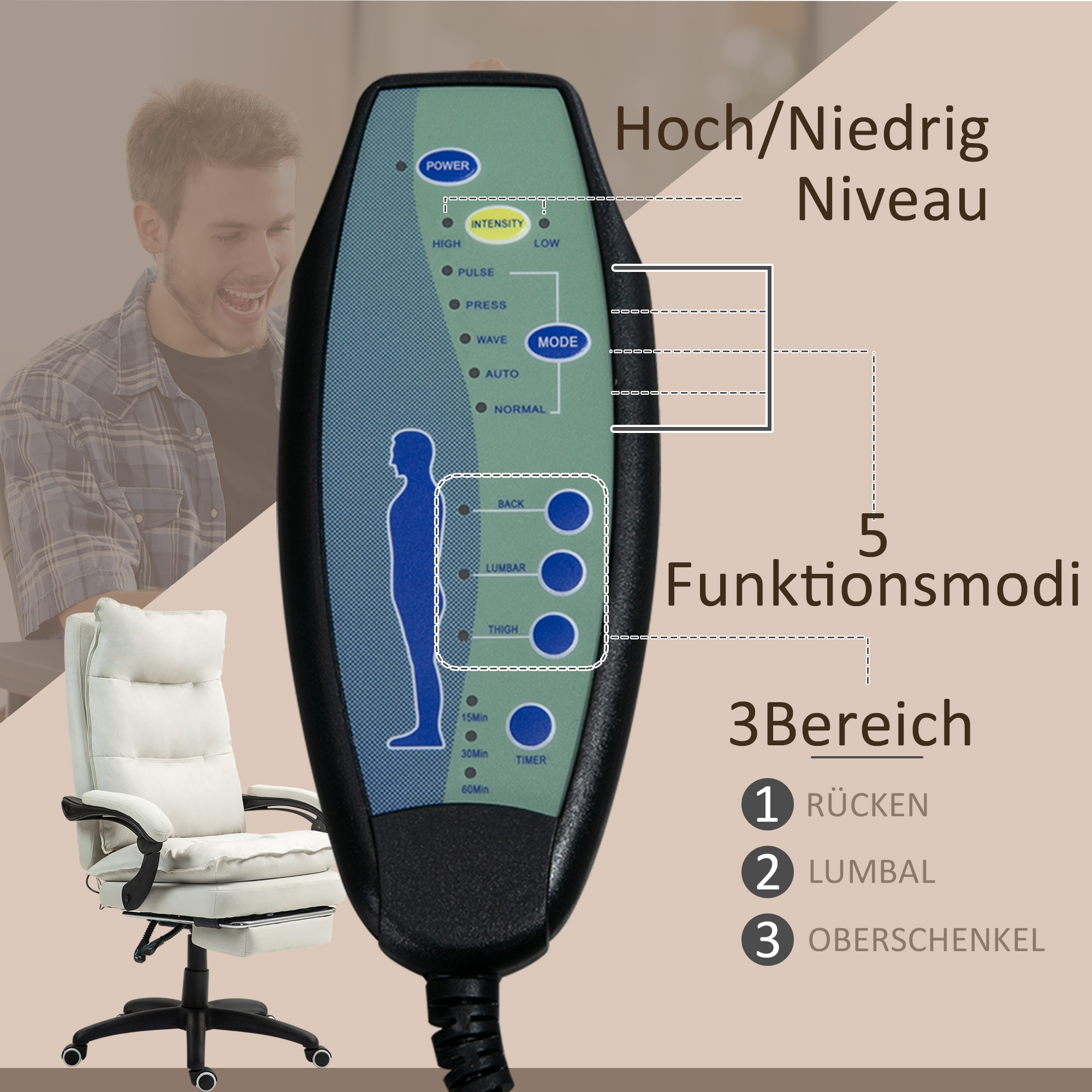 Massage-Bürostuhl, Schreibtischsessel mit Massagefunktion, höhenverstellbarer, ergonomischer Drehstuhl, Nylon, Cremeweiß
