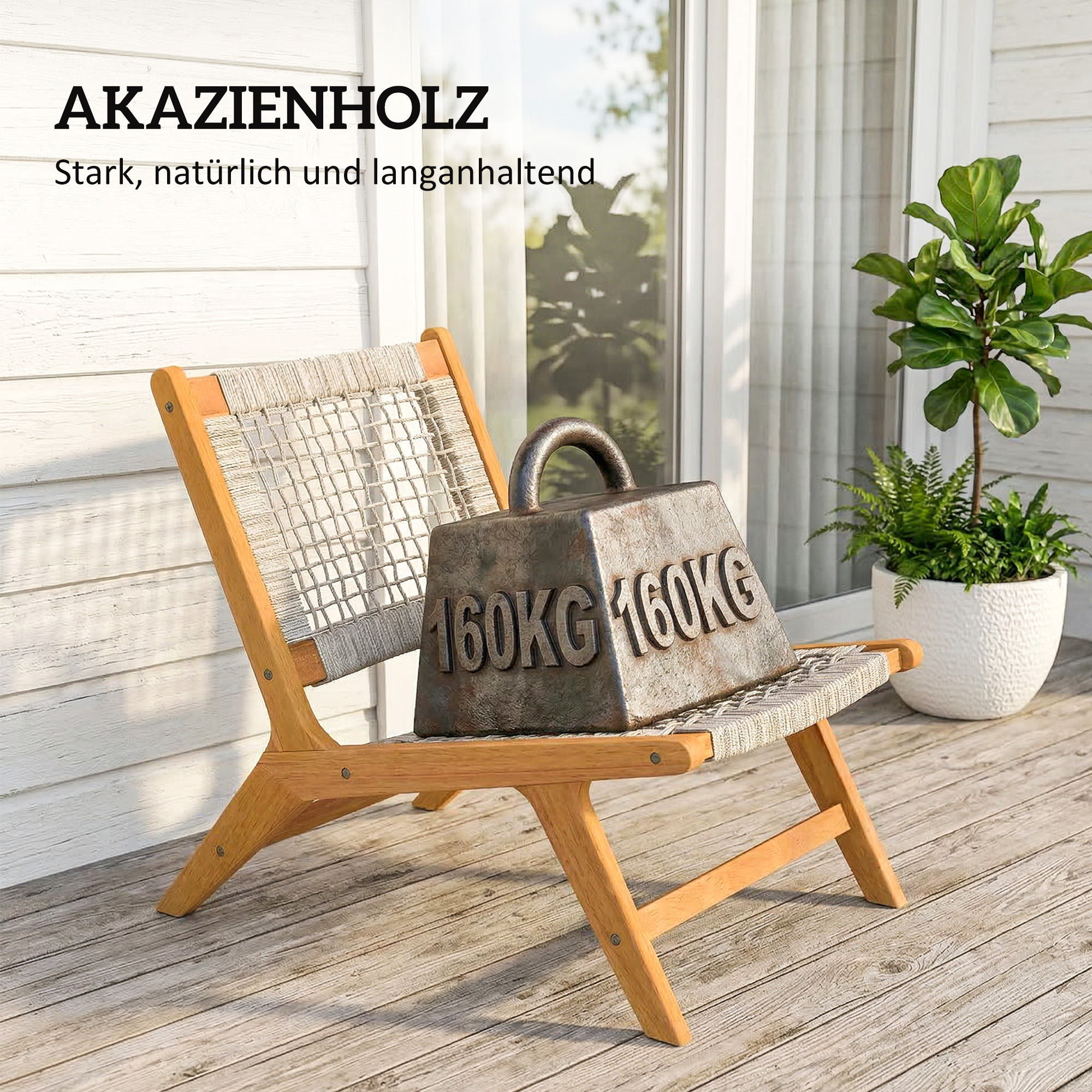 Gartensessel mit Hocker 2-teilig Akazienholz Outdoor Loungesessel mit Rattan-Sitz Boho-Stil verstellbare Füße