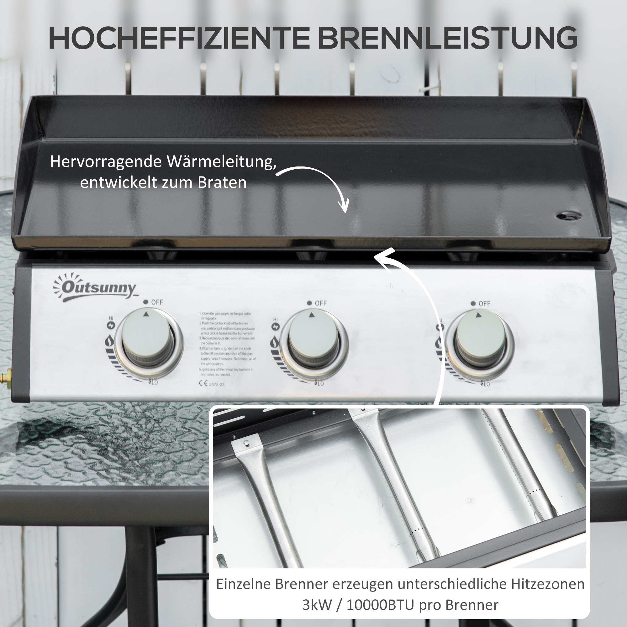Gasgrill mit 3 Brennern, Schlauch, Antihaft-Grillplatte, Edelstahl, Farbe: Silber, 63 x 48 x 21 cm
