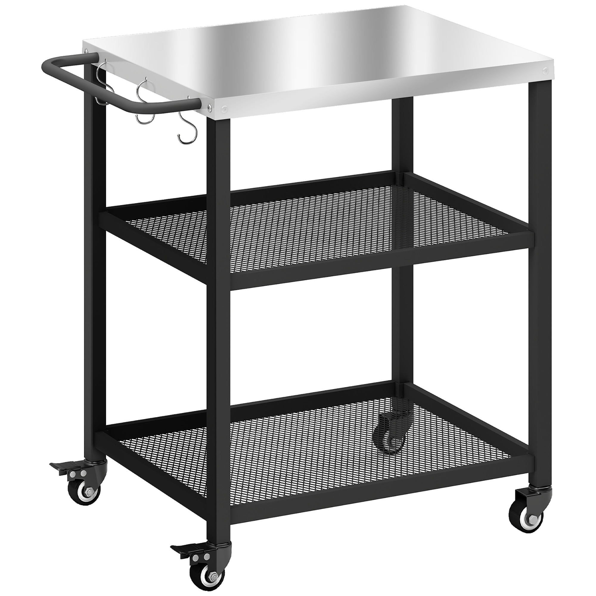 Grillwagen 3-Etagen Servierwagen mit Arbeitsfläche verstellbar Ablagen Haken Räder 77 x 51 x 80 cm Schwarz