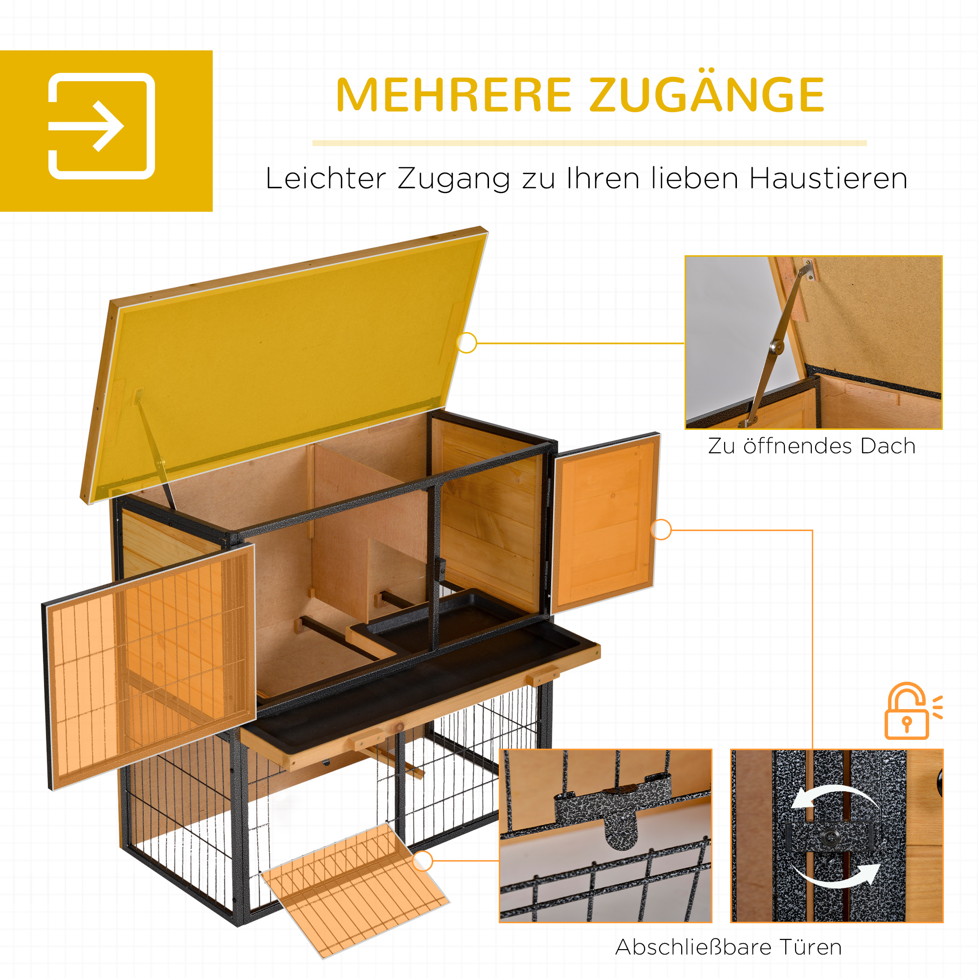 Kleintierstall erhöhtes Haustier Haus Käfig mit verschließbarer Tür Holz-Metall Hellgelb 89,5 x 45 x 81 cm
