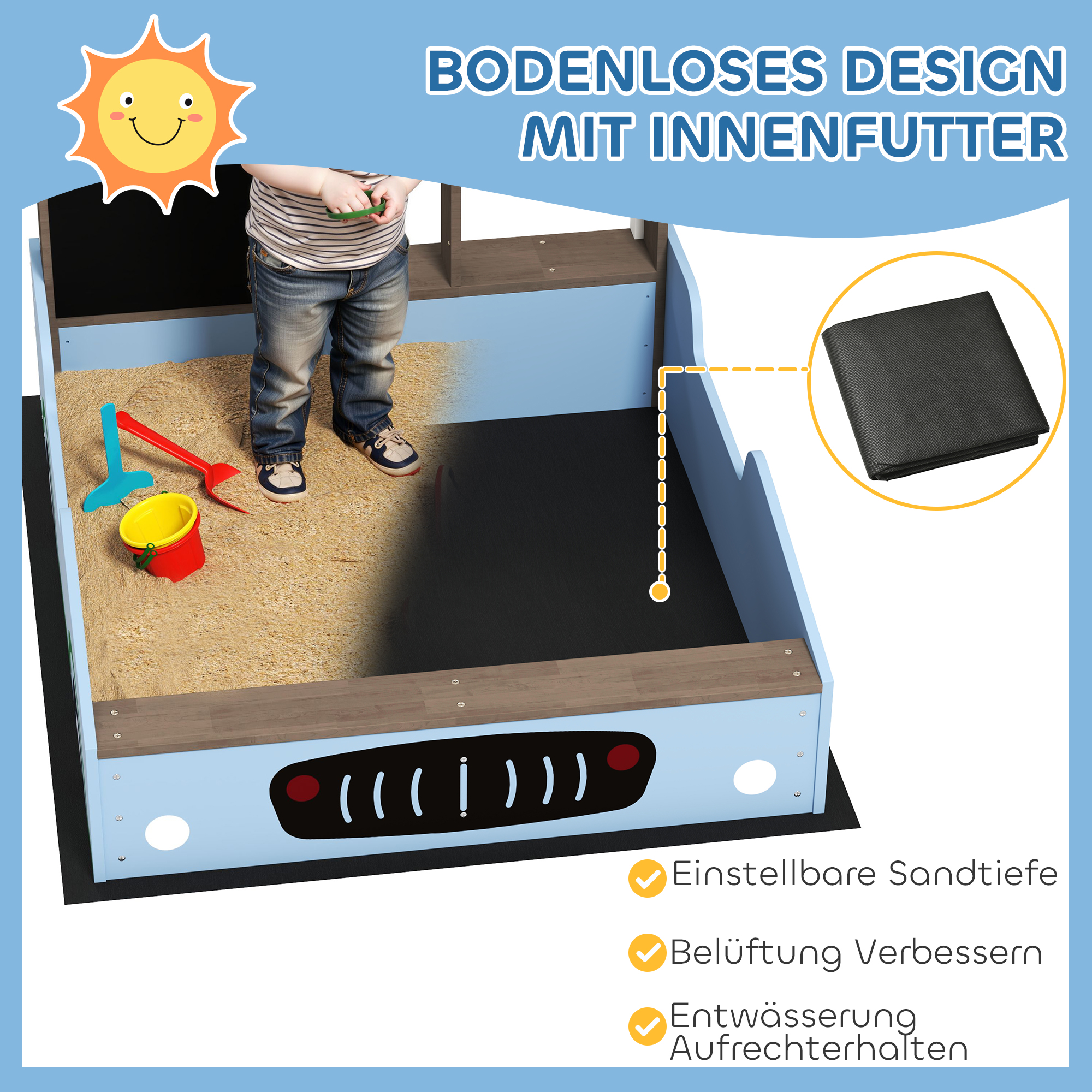 Sandkasten mit Vordach, Einkaufsladen-Design, Sitzbank, Zeichentafel, Tannenholz, 104H x 108L x 90B cm, Blau