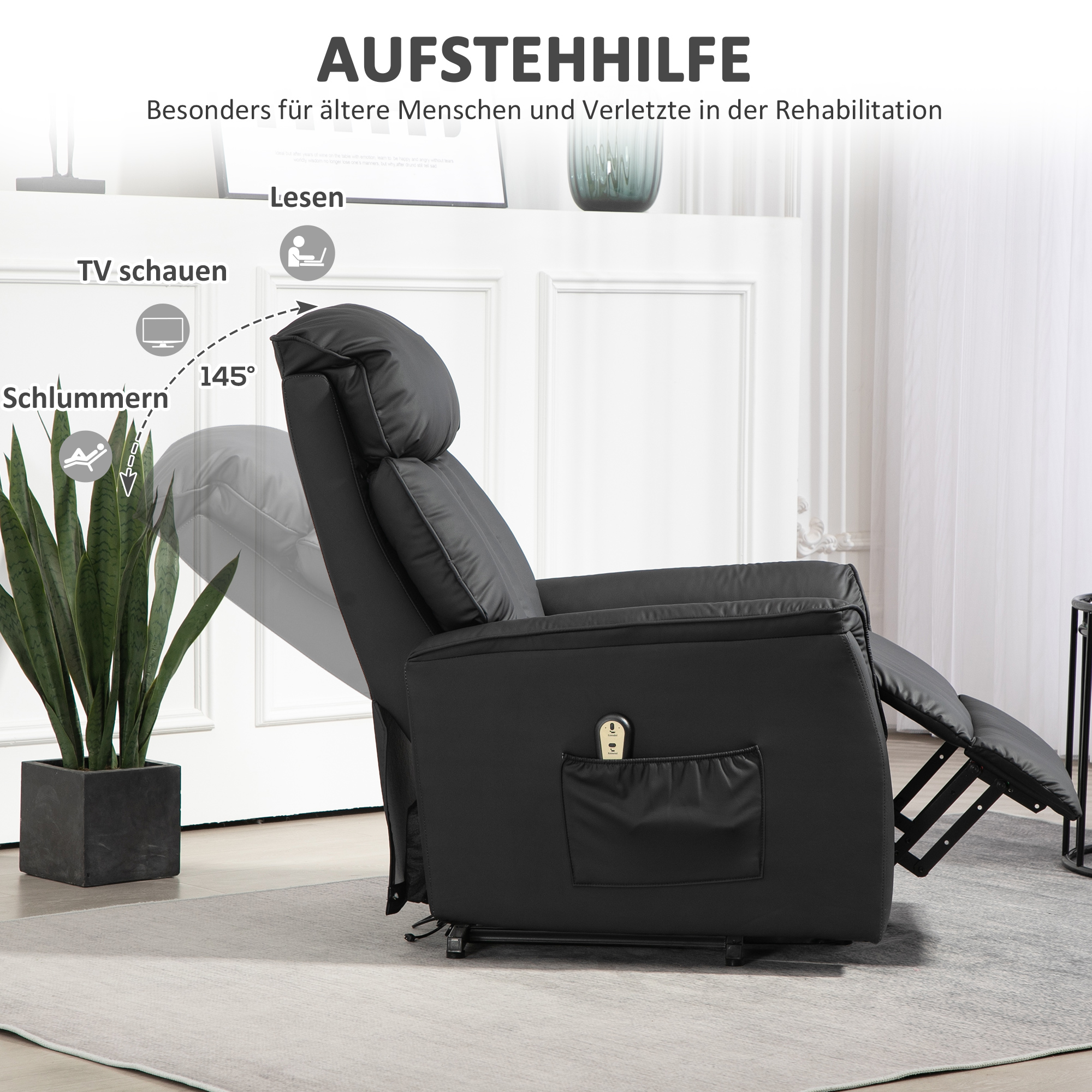 elektrischer Aufstehsessel, Fernsehsessel, Sessel mit Aufstehhilfe, Liegefunktion, Kunstleder, 80 x 94 x 104 cm, Schwarz