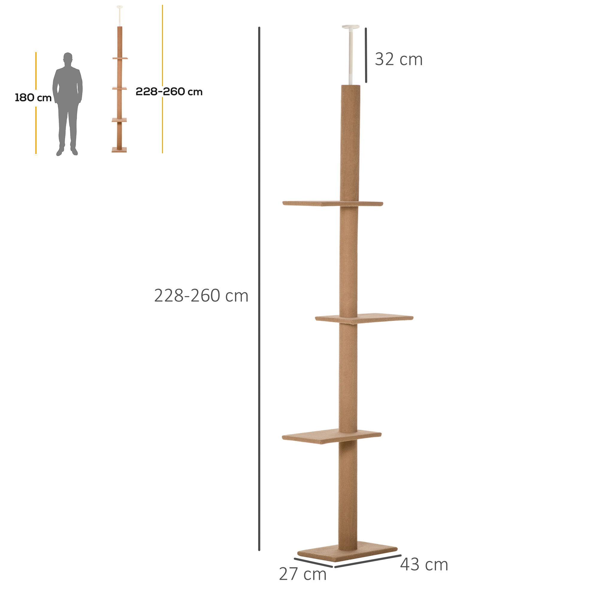 Kratzbaum Deckenhoch, 228-260 cm Höhenverstellbarer Katzenbaum Kletterbaum für Katzen mit 3 Ebenen, Katzenkratzbaum, Spielbaum vom Boden bis zur Decke Hellbraun