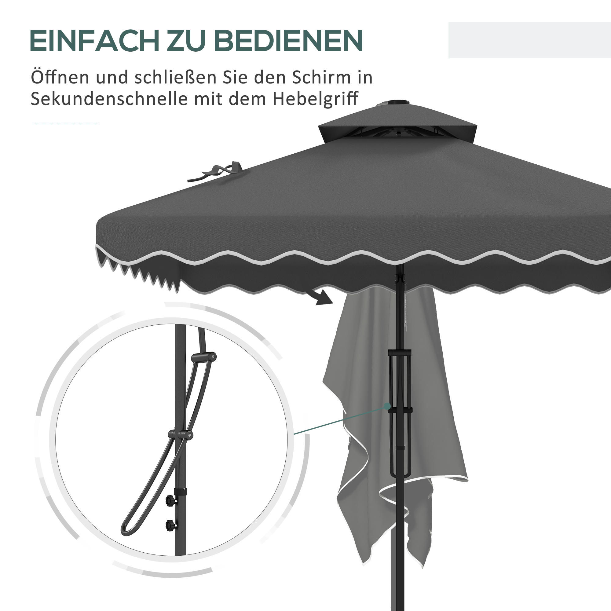 Gartenschirm, Ampelschirm, dekorativer Rand, Lüftungsdach, Metallgestell, 2,4x2,4x2,6m, Dunkelgrau