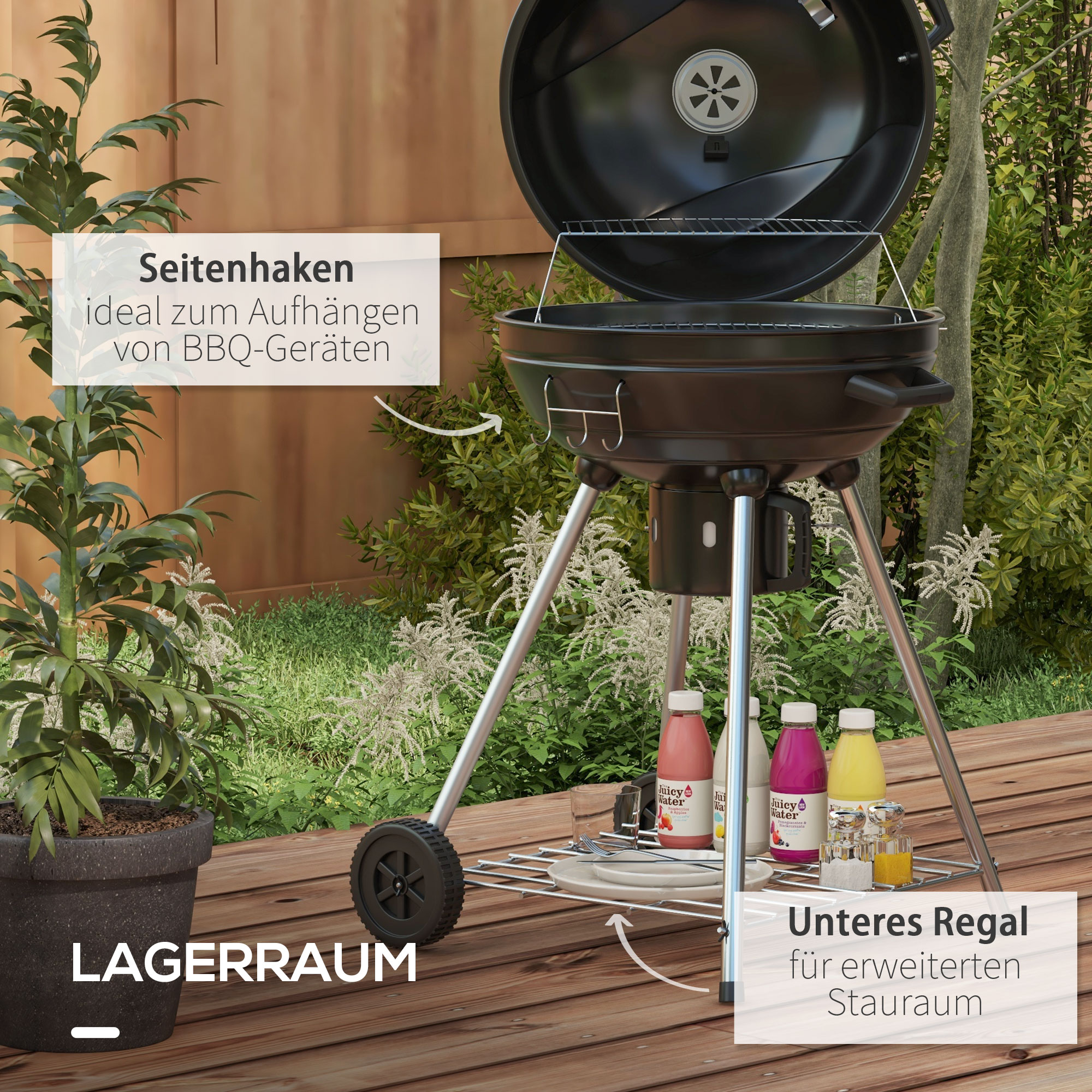 Kugelgrill, Ø54 cm Grillrost, Warmhalterost, Ablage, Aschefach, Thermometer, 55 x 65 x 89 cm, Schwarz