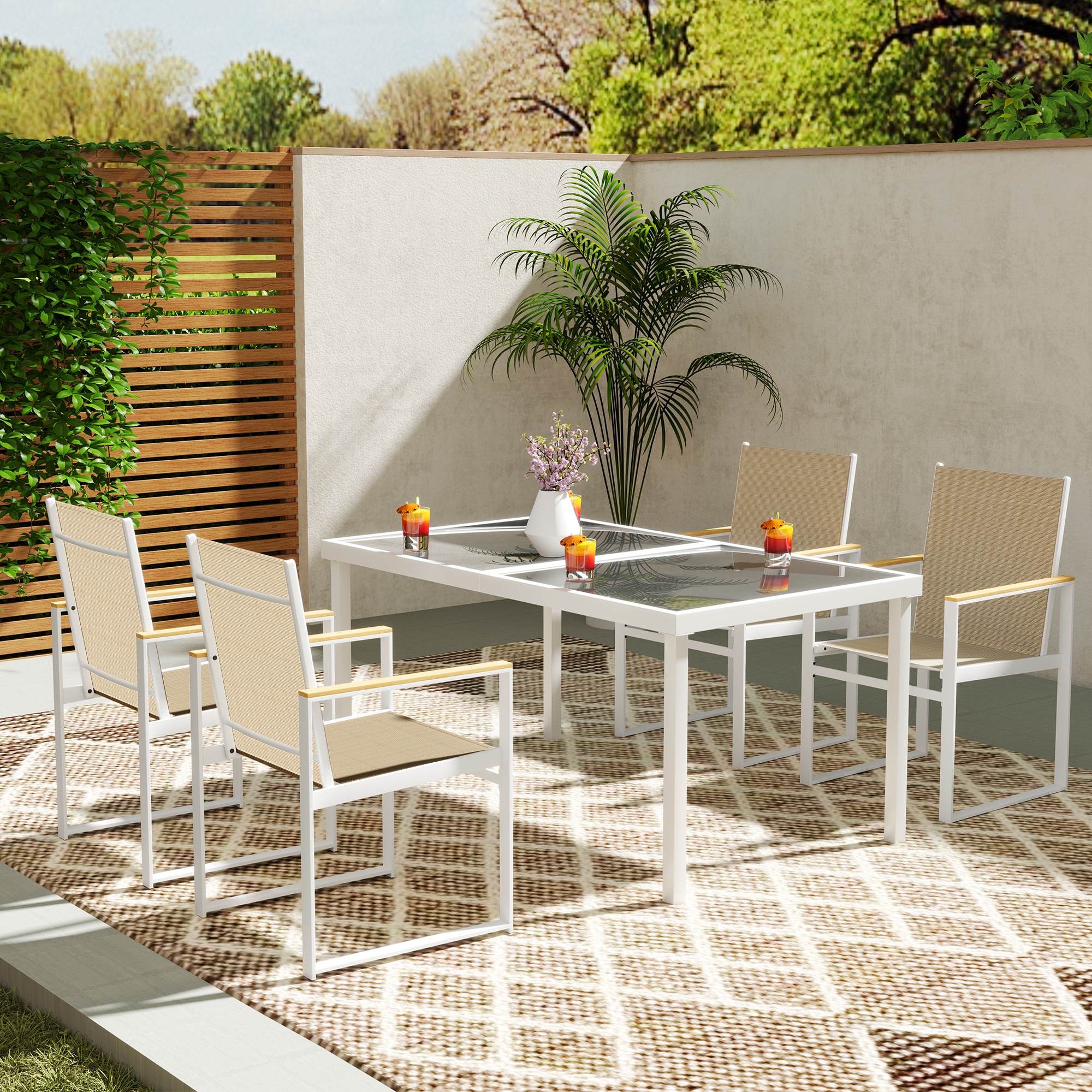 5-teiliges Ess-Set, Outdoor-Tisch aus Hartglas, 4 Stühle, wetterbeständig, Stahlrahmen, Terrassenmöbel, Mehrfarbig