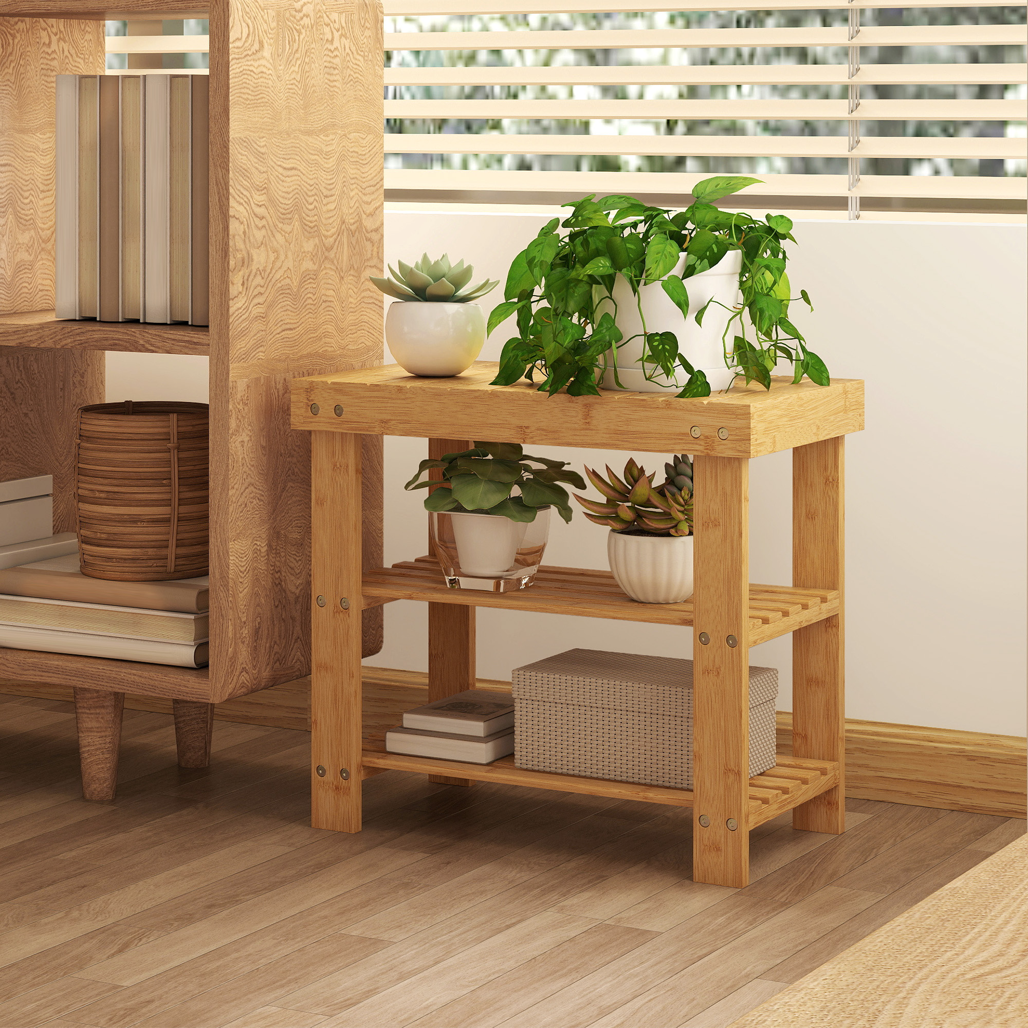 Schuhbank aus Bambus, Schuhregal mit 2 Ablagen, Sitzfläche, für Flur, Eingangsbereich, 50x28x45cm, Natur