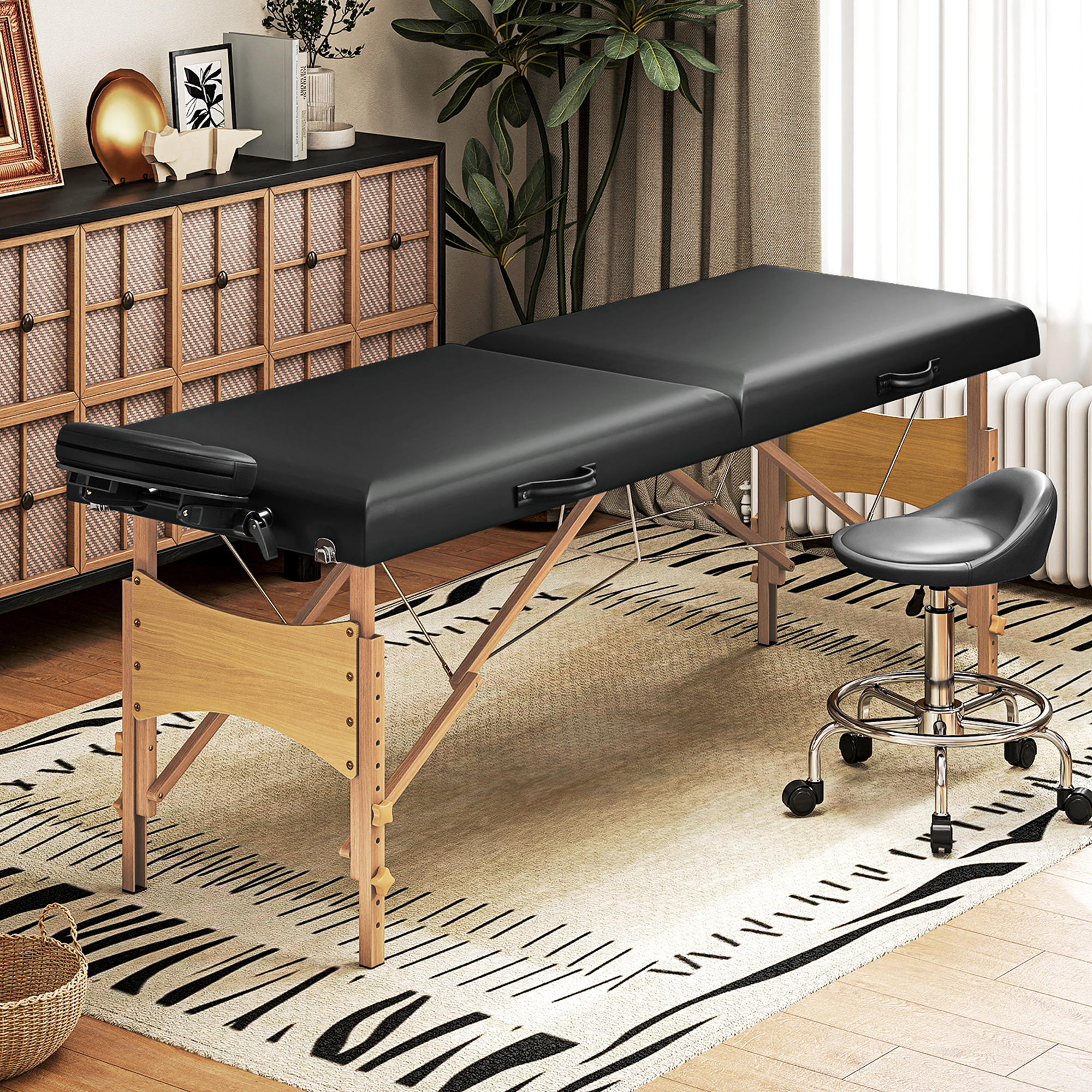 Höhenverstellbarer Massagetisch, Holzgestell, Klappbares Massagebett, Schaumstoffpolsterung, Schwarz