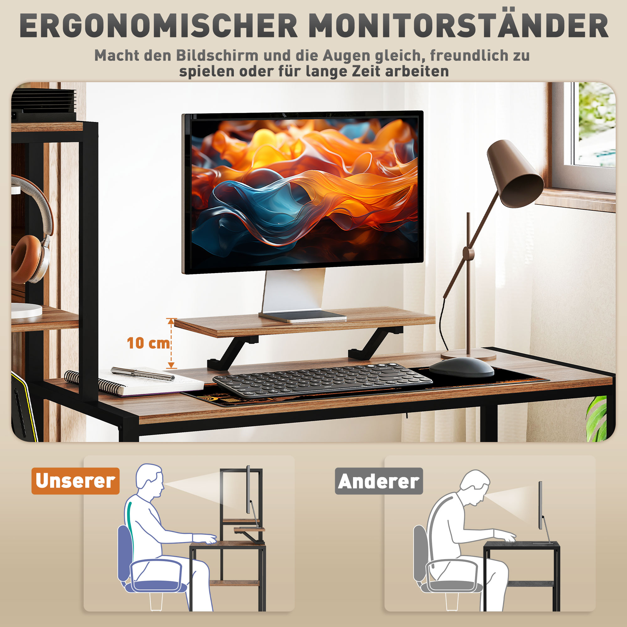 Computertisch mit Monitorständer, Schreibtisch mit 4-stufigem Regal, Industrielles Design, Braun