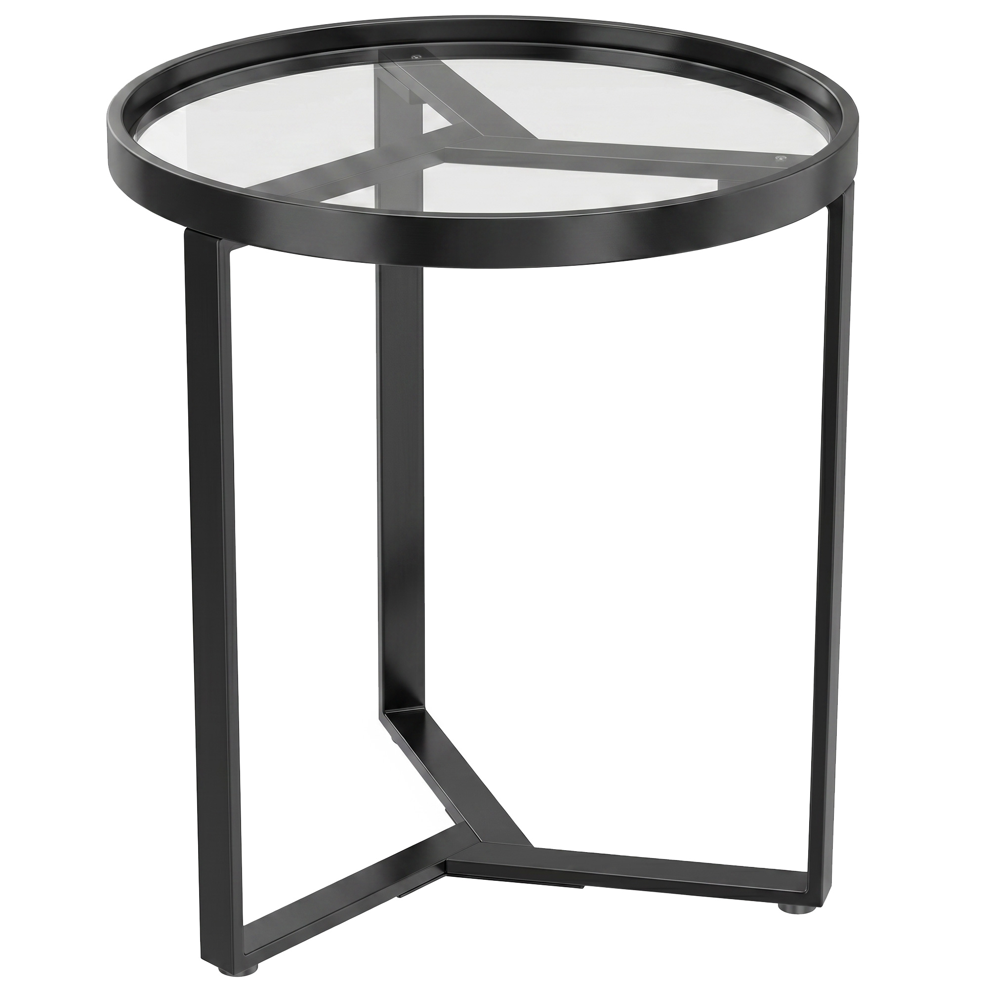 Runder Beistelltisch mit gehärteter Glasplatte und geometrischem Metallgestell für kleine Räume, Schwarz