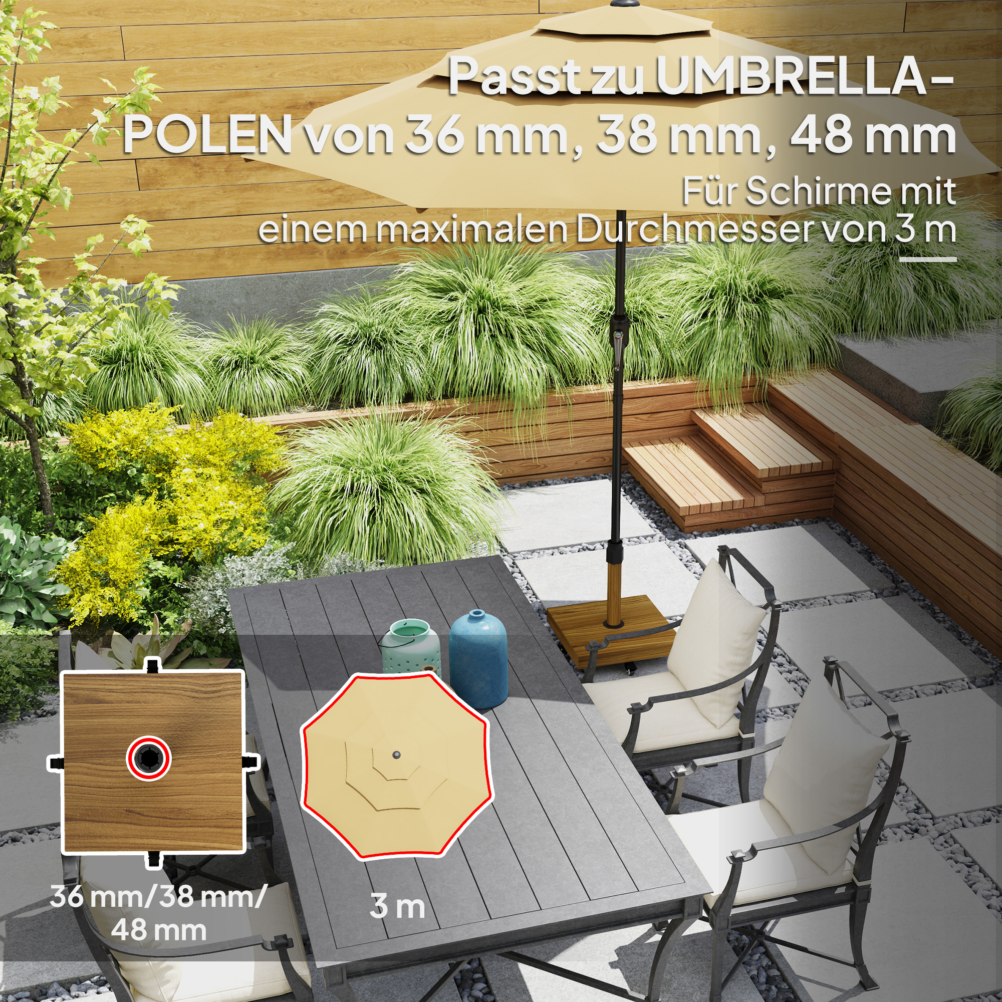 Gartenschirmständer, Sonnenschirmbasis mit Rollen, Holzoptik, Rollbare Basis für Gartenschirm, Metall, Beton, Hellbraun