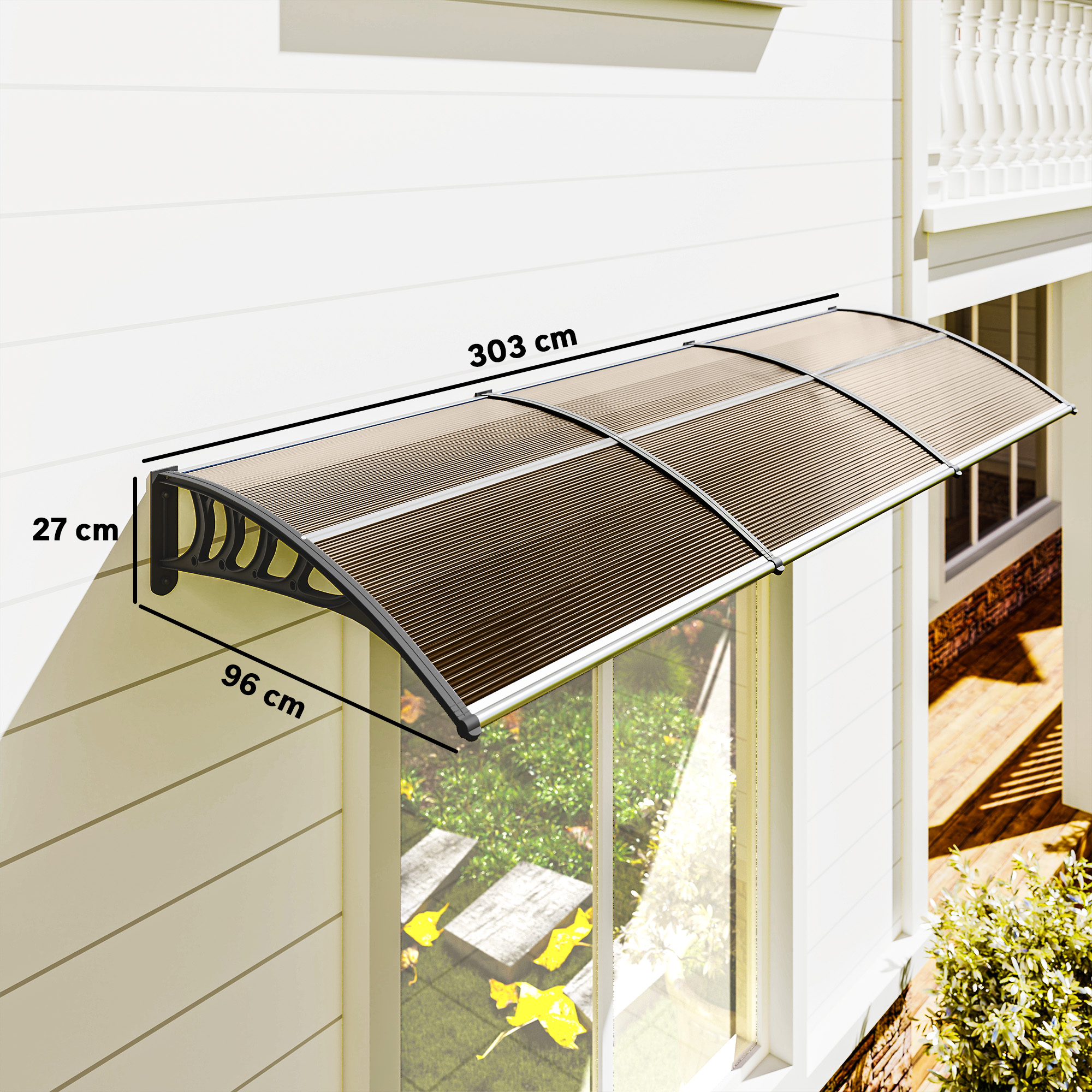 Vordach für Haustür/Fenster, wetterfest, Braun, Aluminium/Polycarbonat, 303x96x27cm, Schwarz