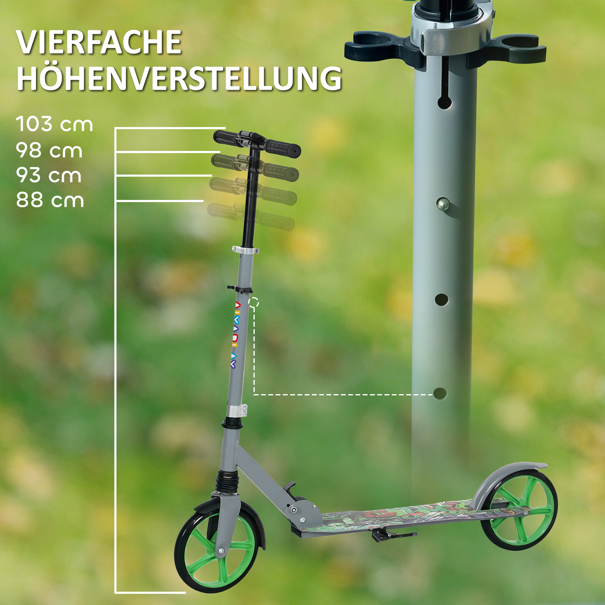 Tretroller, höhenverstellbar, Hinterradbremse, faltbar, 100 kg belastbar, Grün
