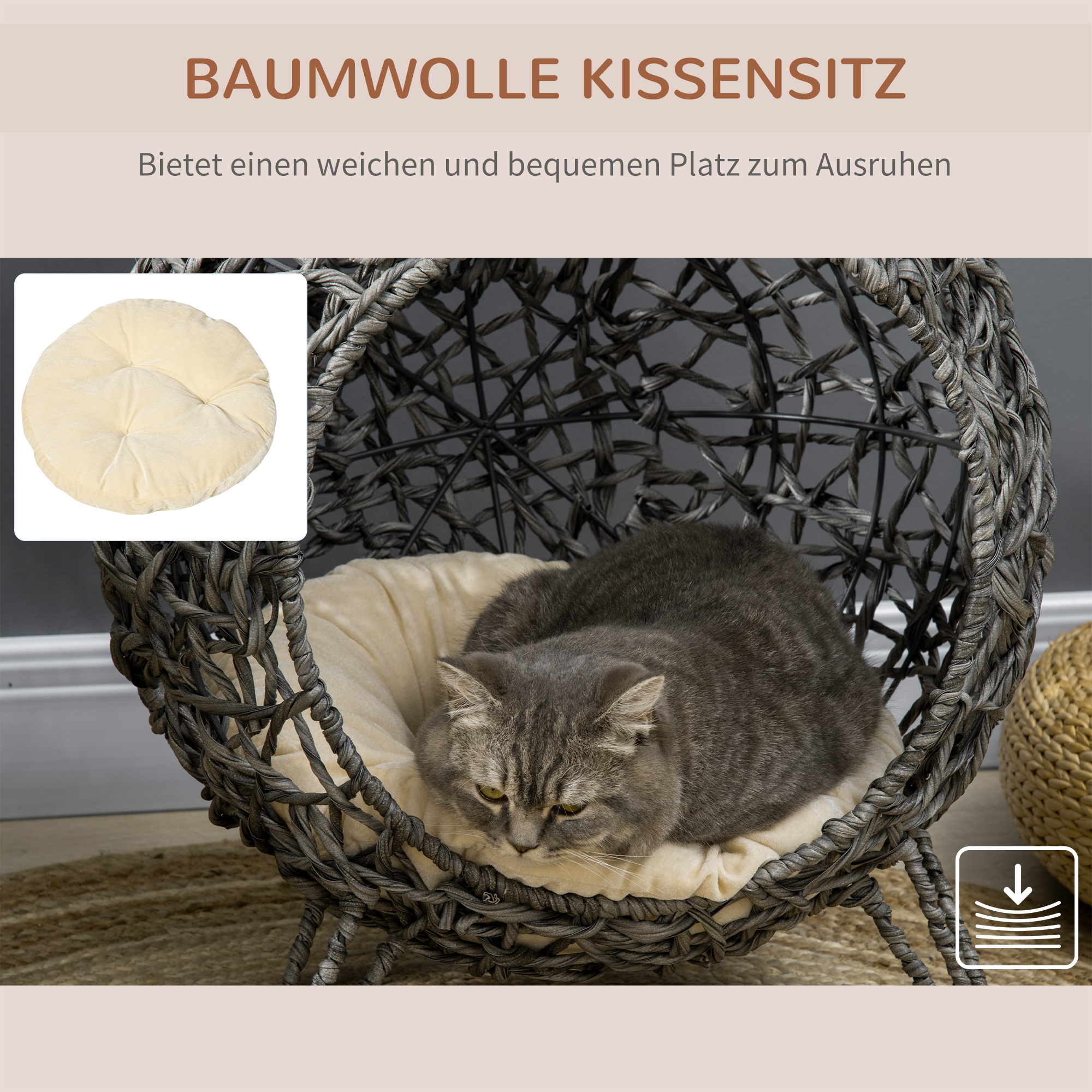 Katzenhaus aus Rattan mit Kissen Katzenschlafplatz Katzenhöhle mit erhöhten Füßen Silbergrau Ø52 x 58 cm