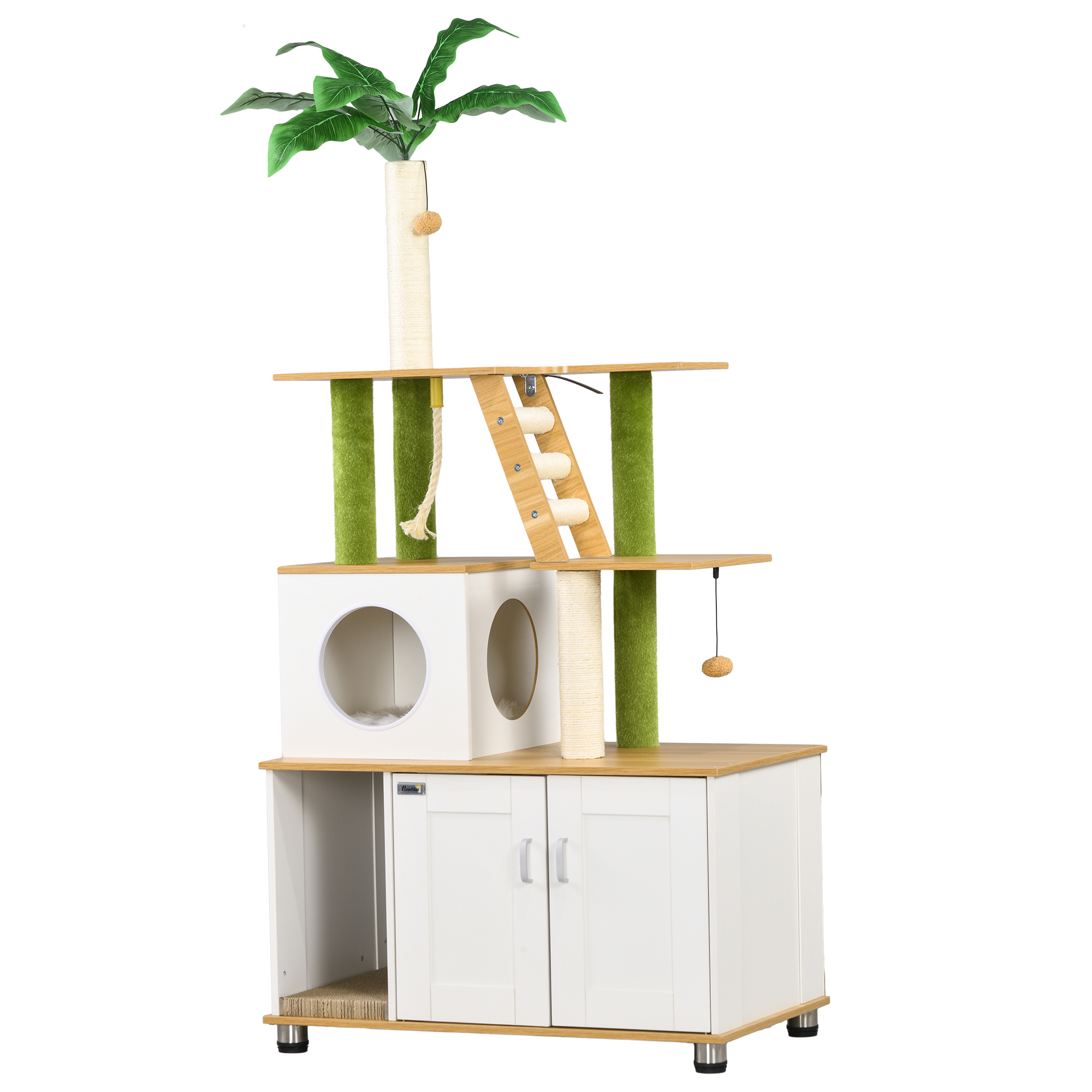 Kratzbaum Katzenbaum, inkl. Schrank, 1 Katzenhöhle, 80 x 48 x 160cm, 1 Leiter, Eiche + Weiß