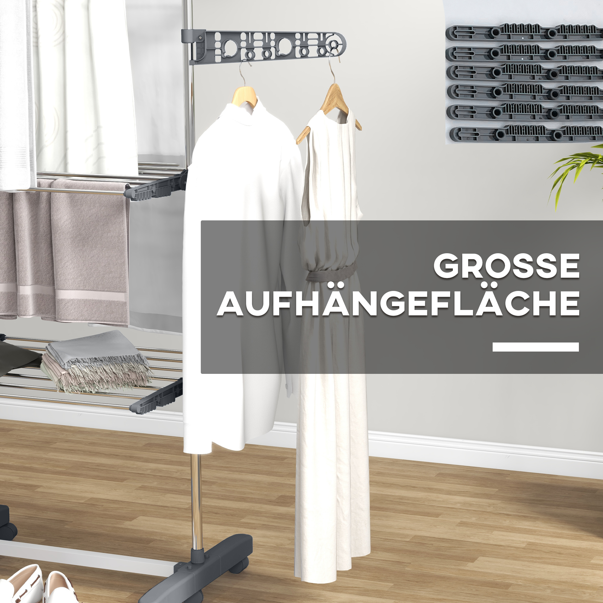 Wäschenständer Wäschetrockner. 4 Ebenen, klappbar, One-Klick-System, 142 cm x 55 cm x 152 cm Blau + Silber