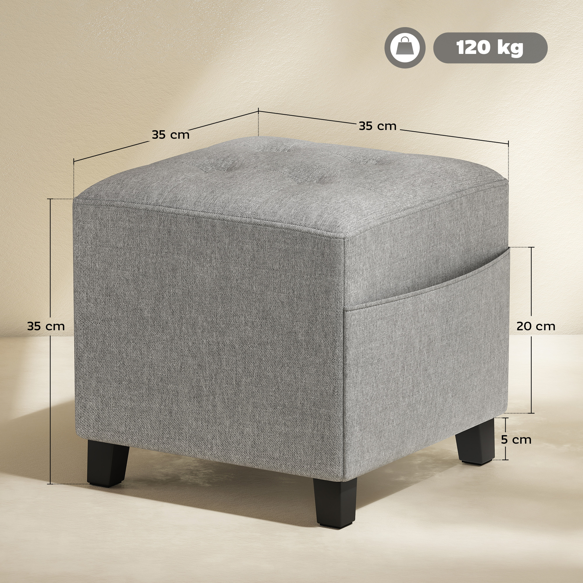 Quadratischer Hocker, kleiner Ottoman mit Seitentasche, Fußstütze aus Stoff in Leinenoptik mit Gummibaumholzbeinen, Hellgrau