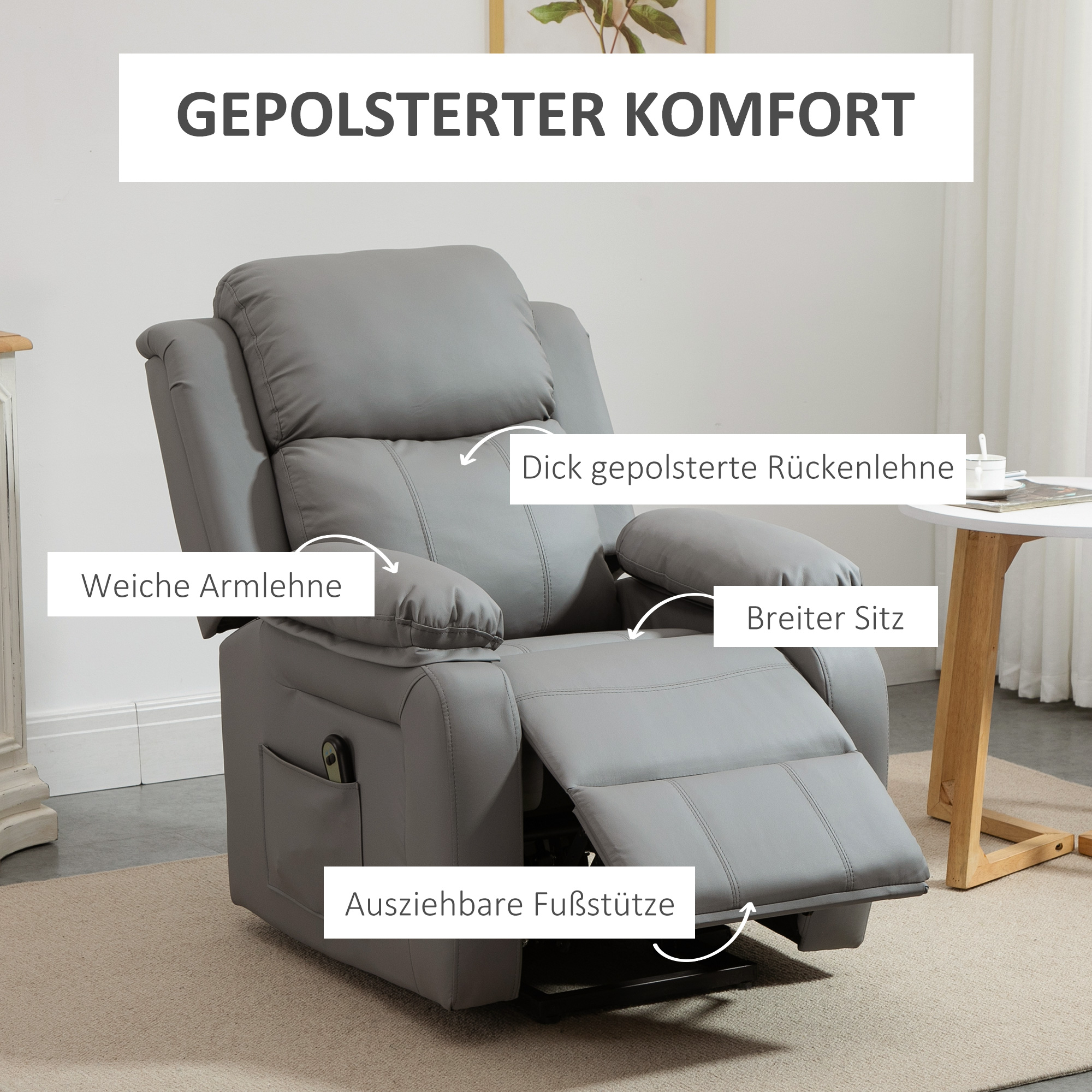 elektrischer Aufsteh-Sessel, Fernbedienung, Kunstleder-Bezug, Polstersessel mit Aufsteh-Funktion, Grau