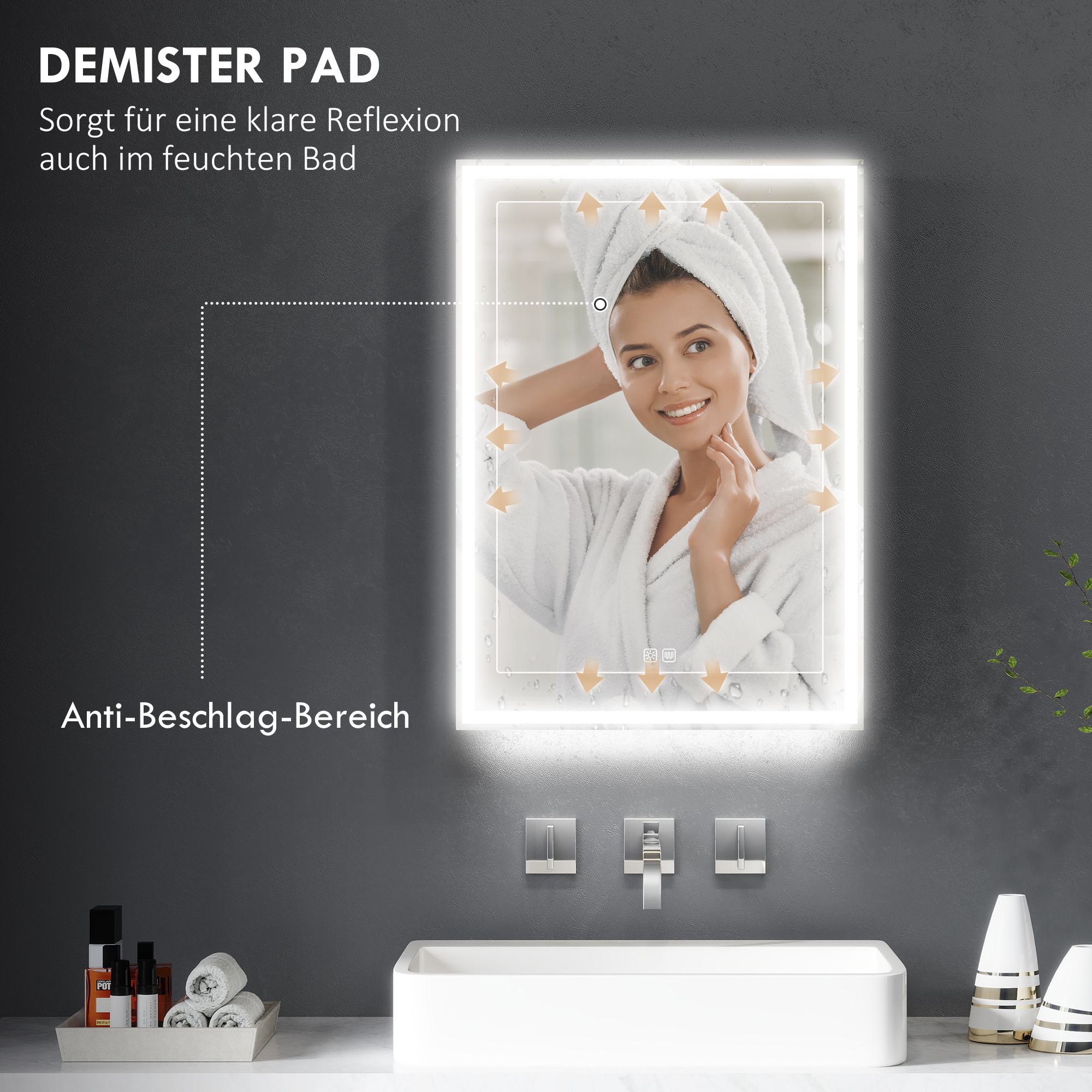 Spiegelschrank, Badschrank mit LED, 50 x 70 cm, dimmbar, Anti-Beschlag, Schwarz