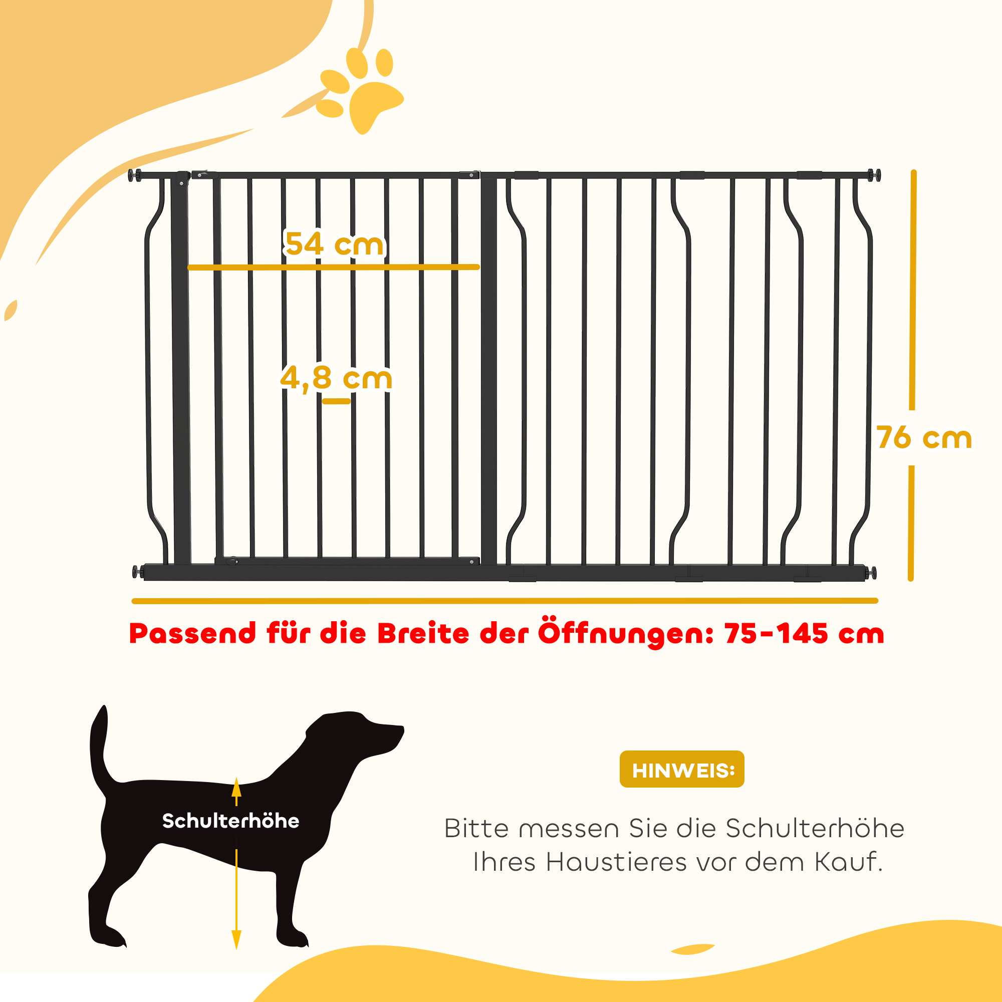 Hundeschutzgitter  Absperrgitter, Zwei-Wege-Öffnung, Wandhalterung mit Druckknöpfen, verstellbar von 75 bis 145 cm
