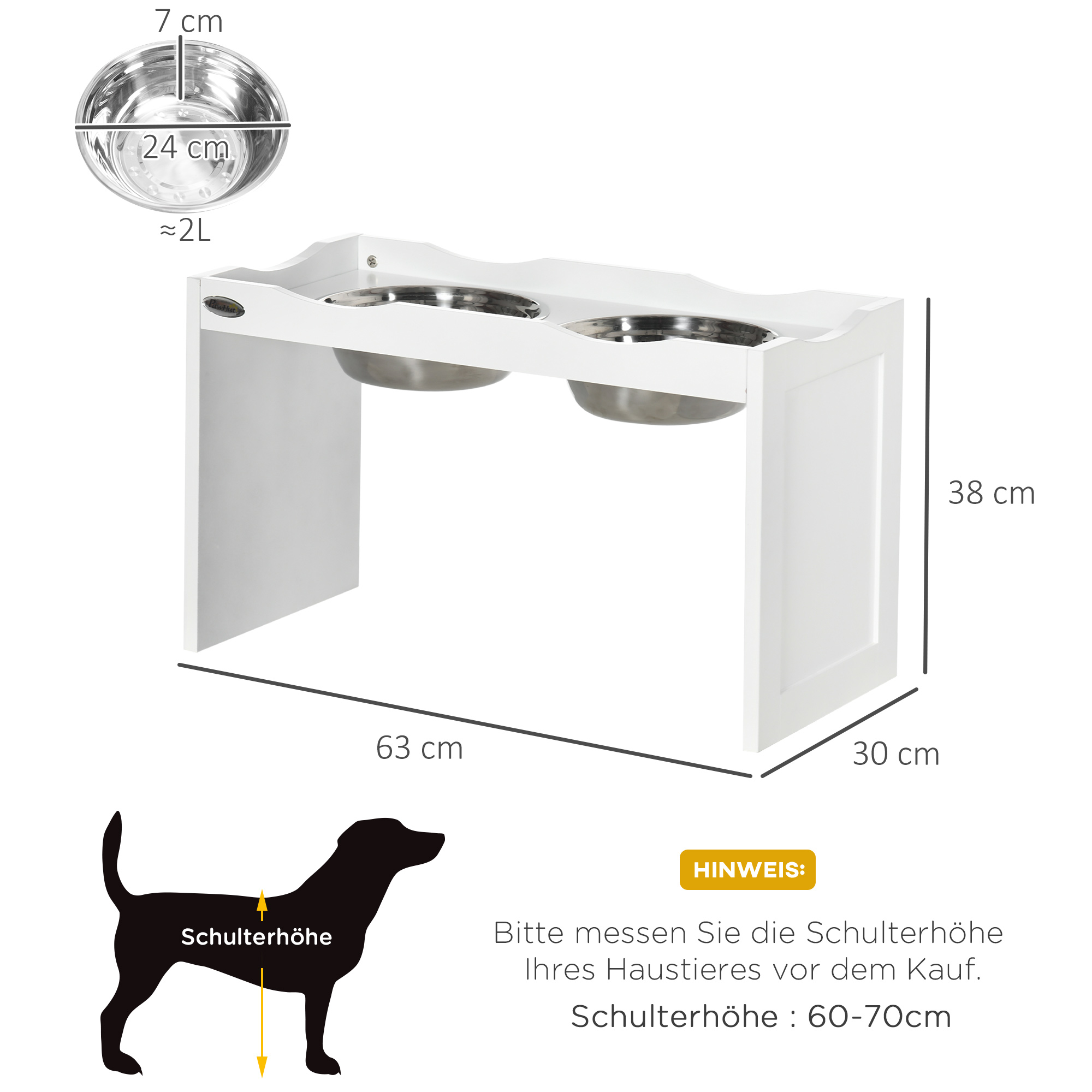 Futterstation, Napfständer, 2 Fressnäpfe je 2 Liter, Edelstahl, für große Hunde, weiß, 63 x 30 x 24cm