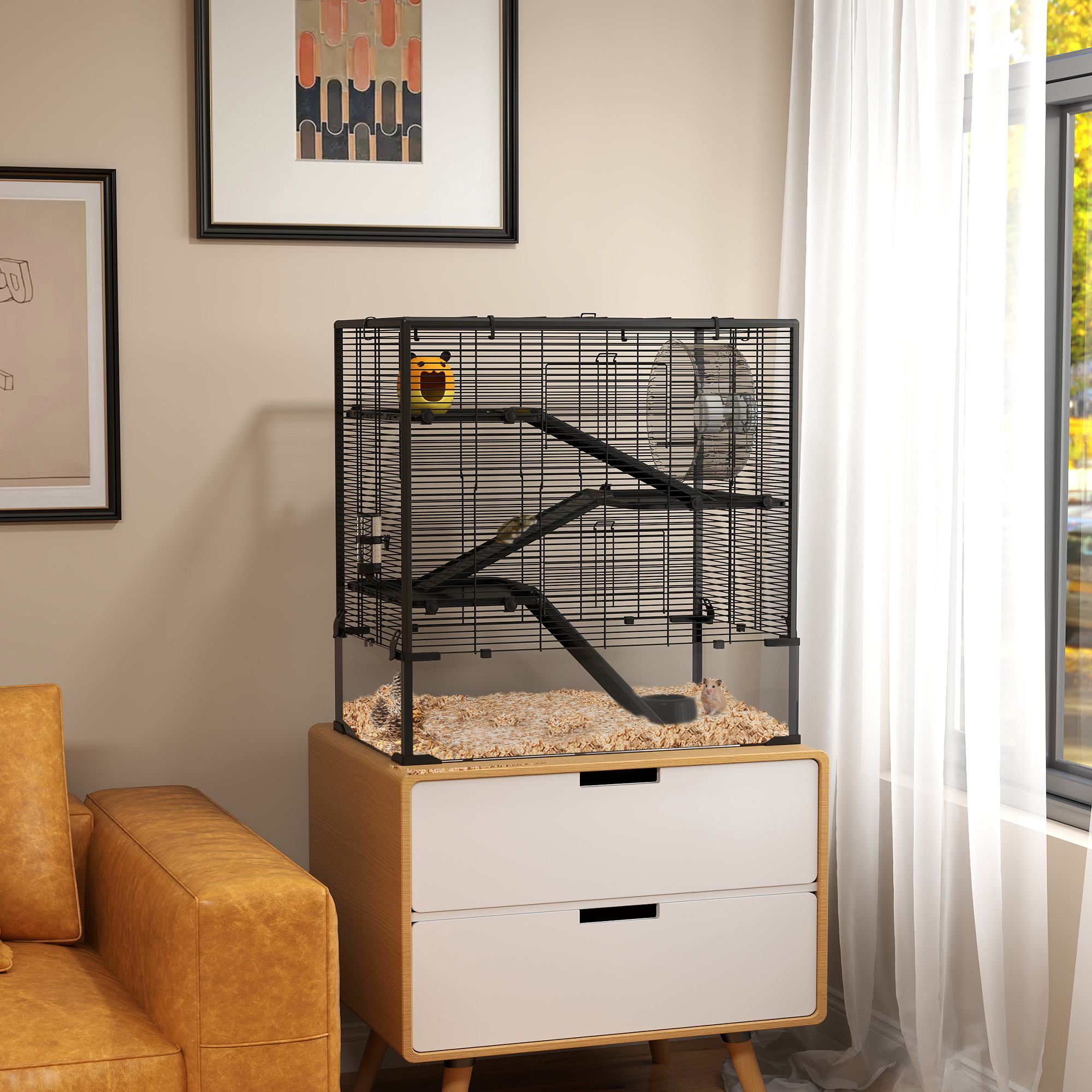 Hamsterkäfig mit Glasboden, 4-stufiges Hamstergehege mit Hütte und Zubehör, 78,5L x 48,5B x 80H cm, Schwarz