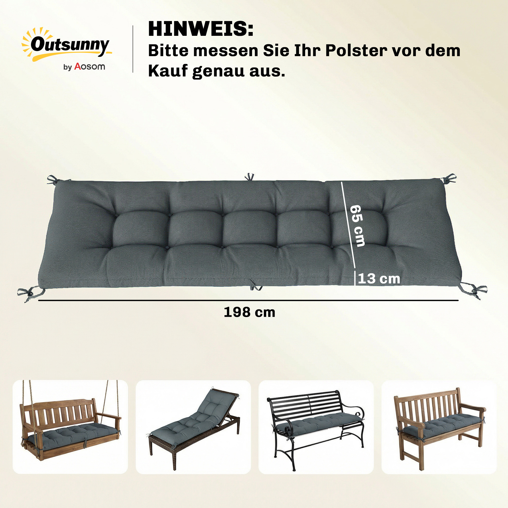 Palettenkissen Abnehmbar Sitzkissen mit Befestigungsbändern Palettenpolster für die meisten Liegen 198x65x13cm Dunkelgrau